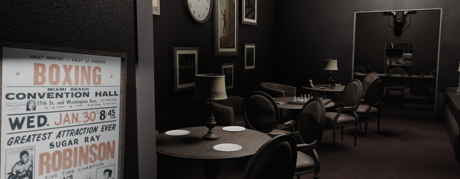 Main lounge with sofas, dining tables, and wall art in Roblox