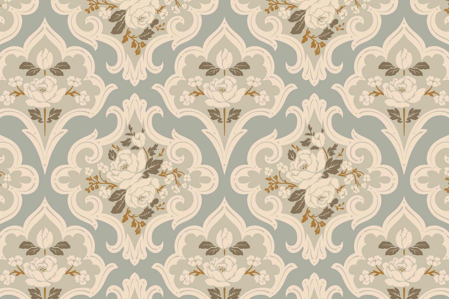 blue and beige vintage pattern design with rose illustrations in scrolled frames