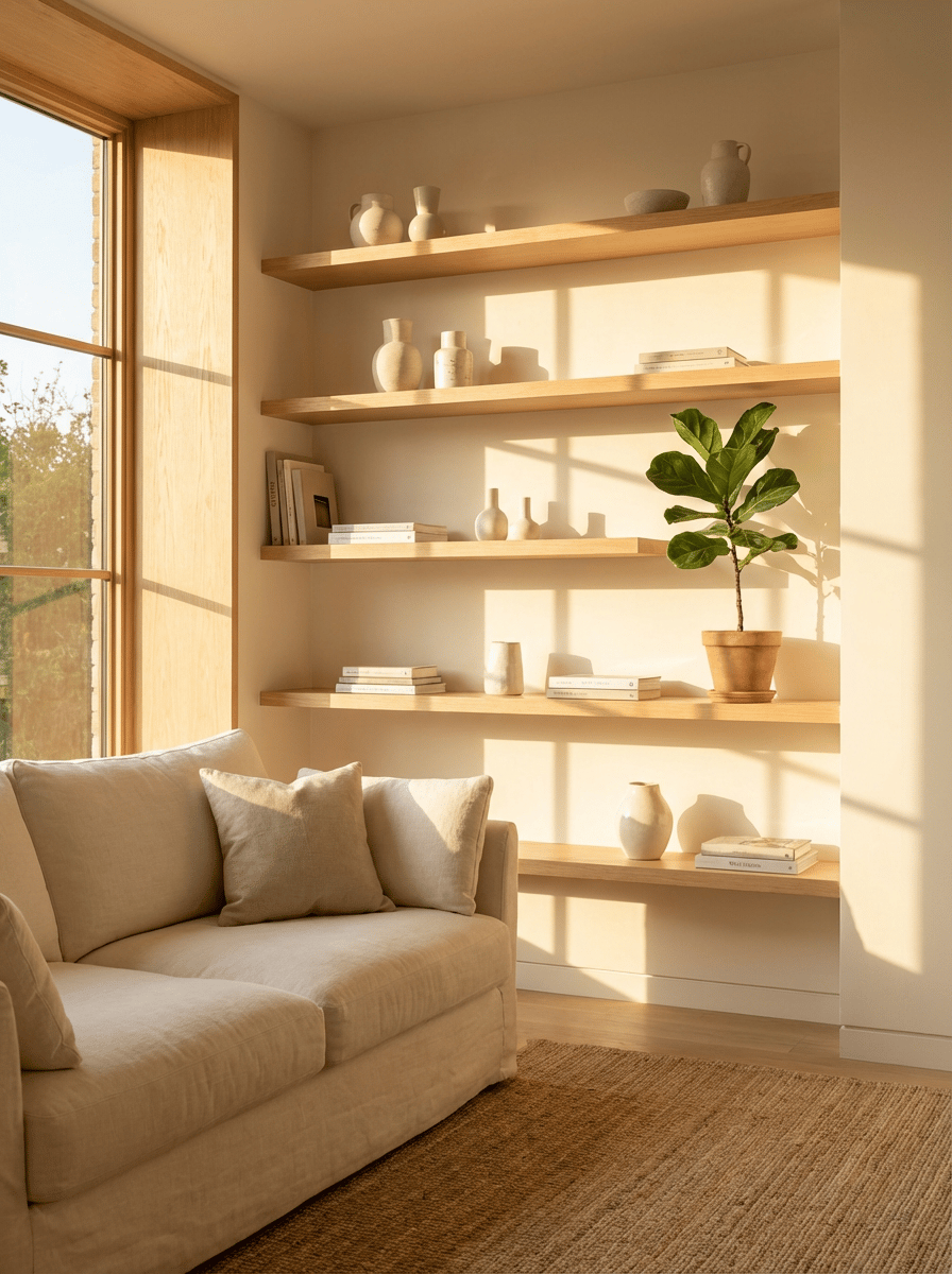 Modern minimalist living room featuring organized shelves and a peaceful indoor plant.