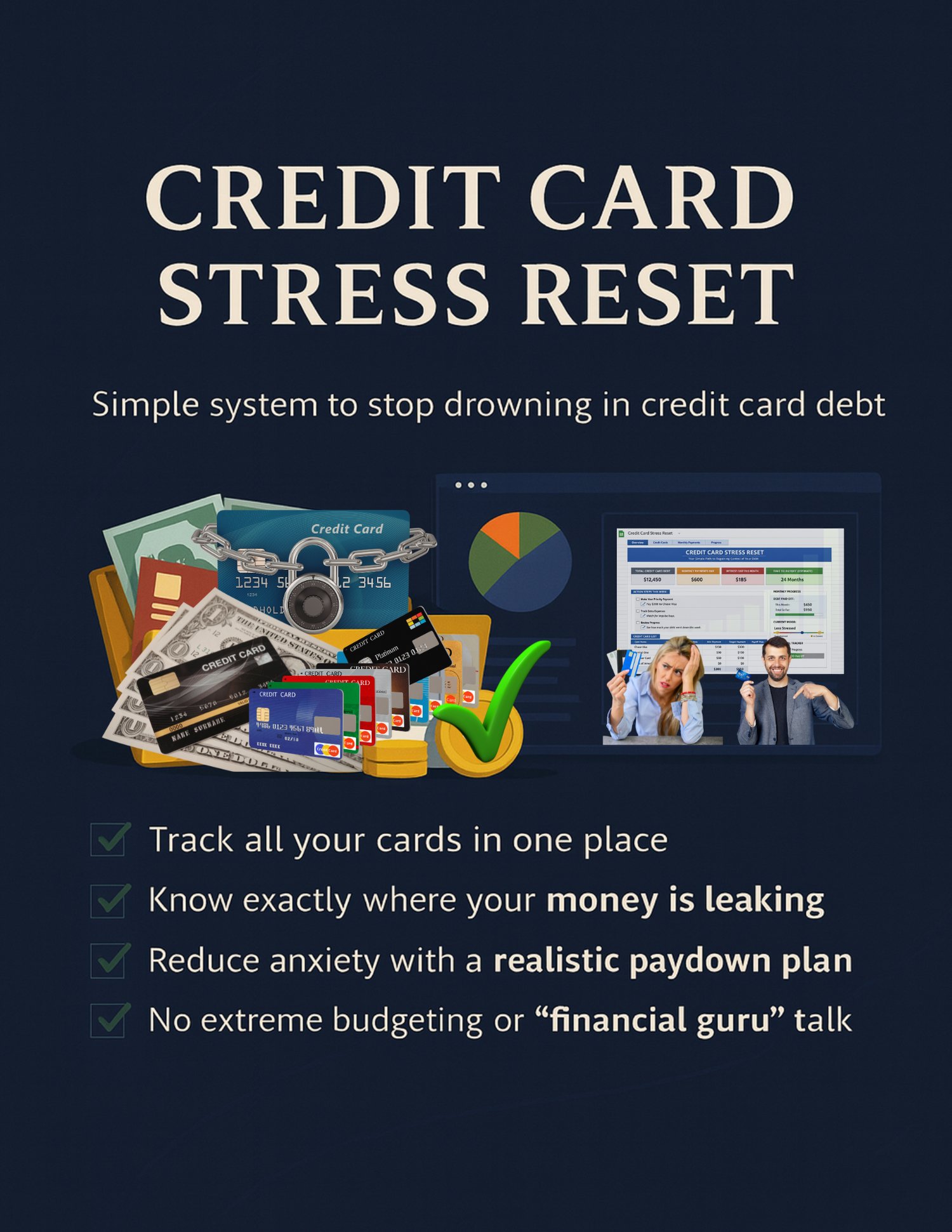 Cover image of Credit Card Stress Reset – 11-page guide to reduce credit card debt and manage payments, with charts and strategies for financial freedom.
