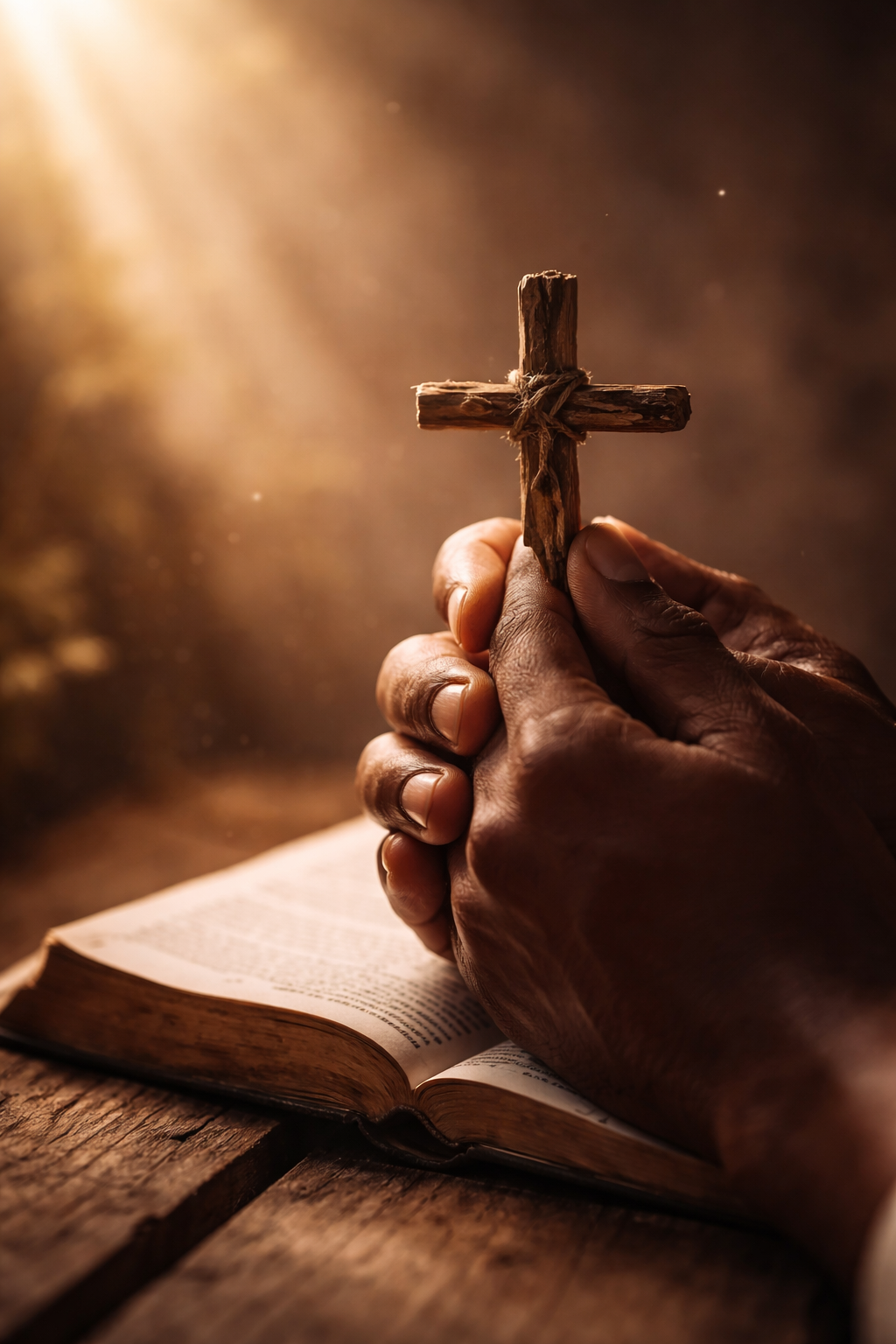 Mains ouvertes tenant une lumière dans l’obscurité, symbole du pardon chrétien, de l’action de grâce et de la guérison intérieure.