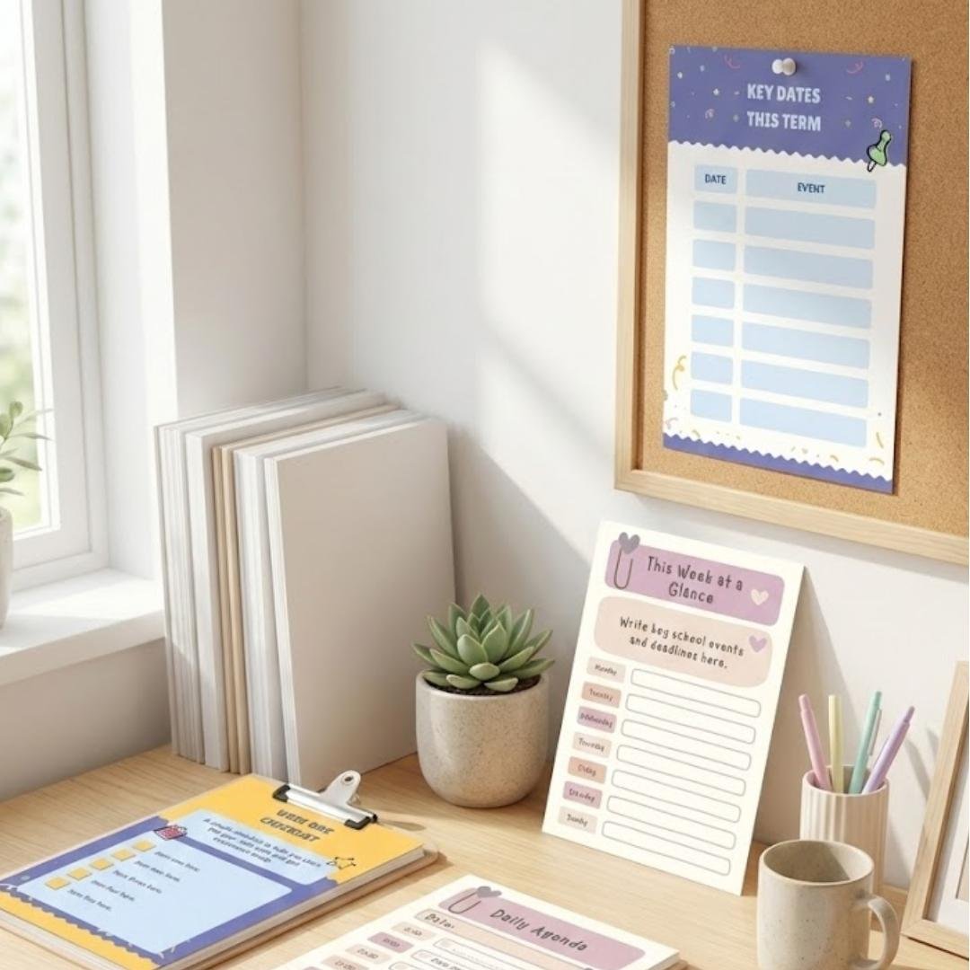 A photograph of a well-lit wooden desk near a window, featuring several printed planners from the provided examples. On a clipboard is a yellow and blue 