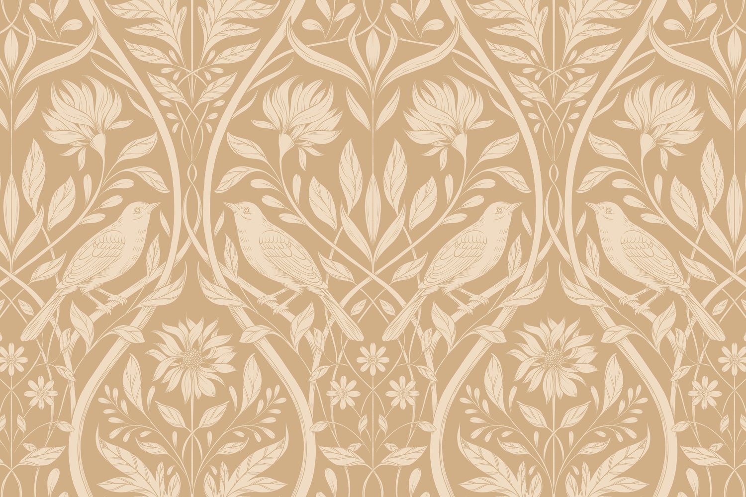 Surface pattern design in tan and cream featuring birds and florals