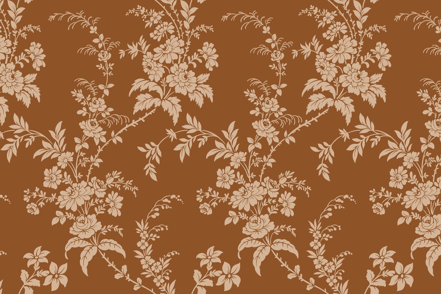 Surface pattern design in a caramel brown and tan with climbing hand drawn vintage florals