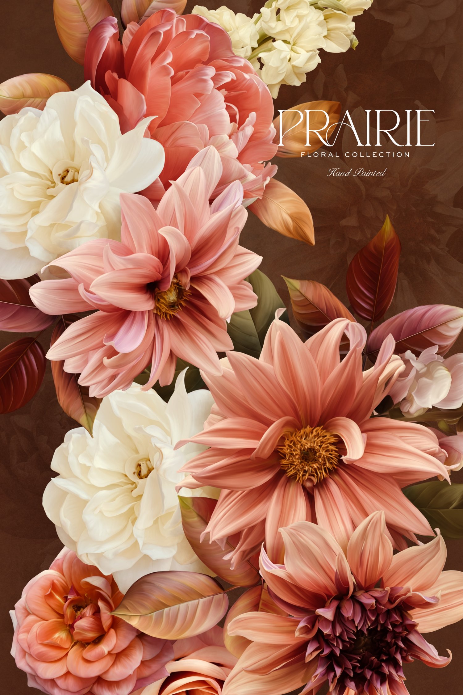 Realistic pink white and peach floral clip art graphics on a textured brown background