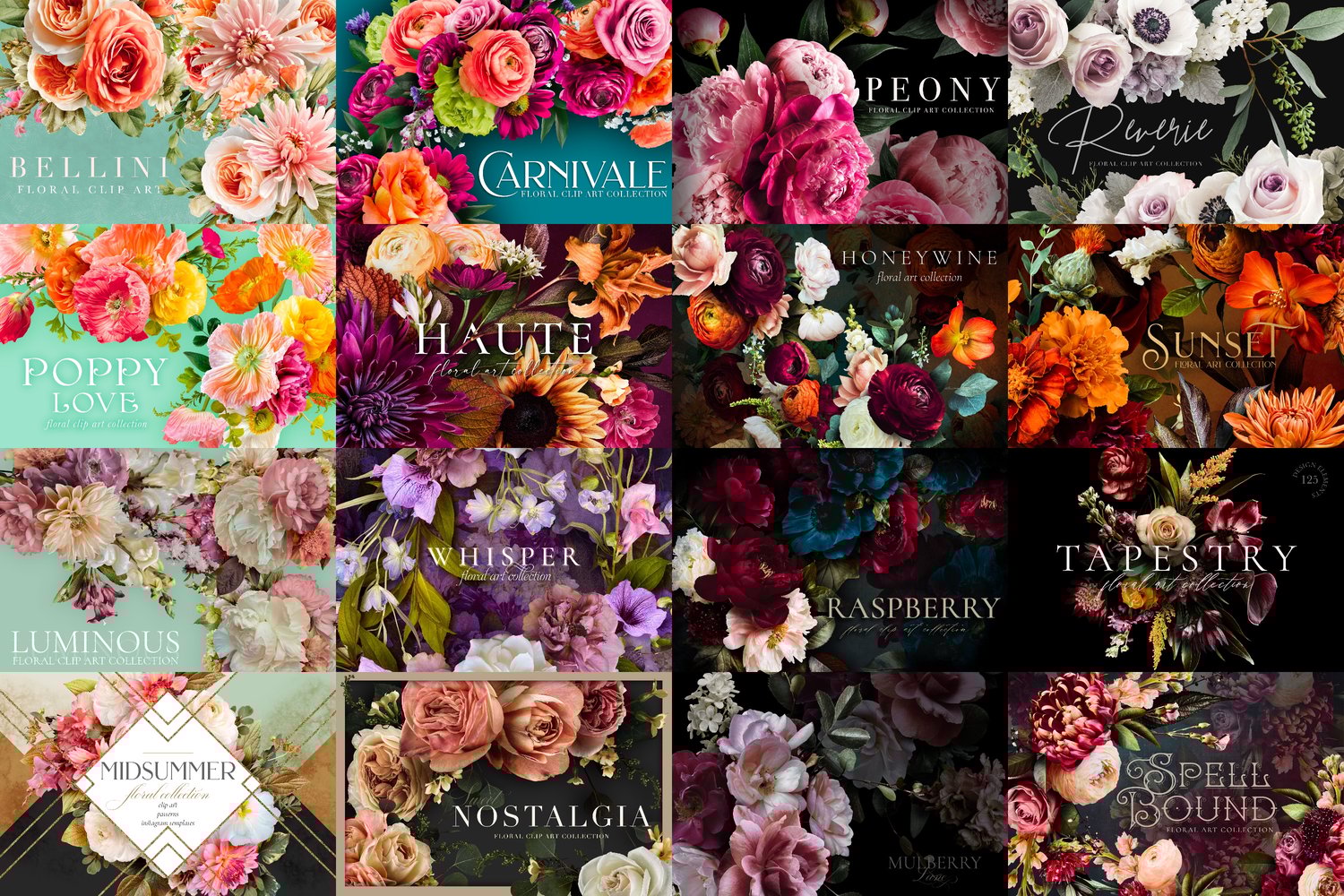 realistic floral clip art and graphics in many colors