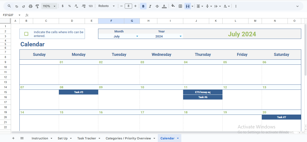 Monthly task calendar in Google Sheets showing scheduled tasks placed automatically by due date with a clean weekly layout.