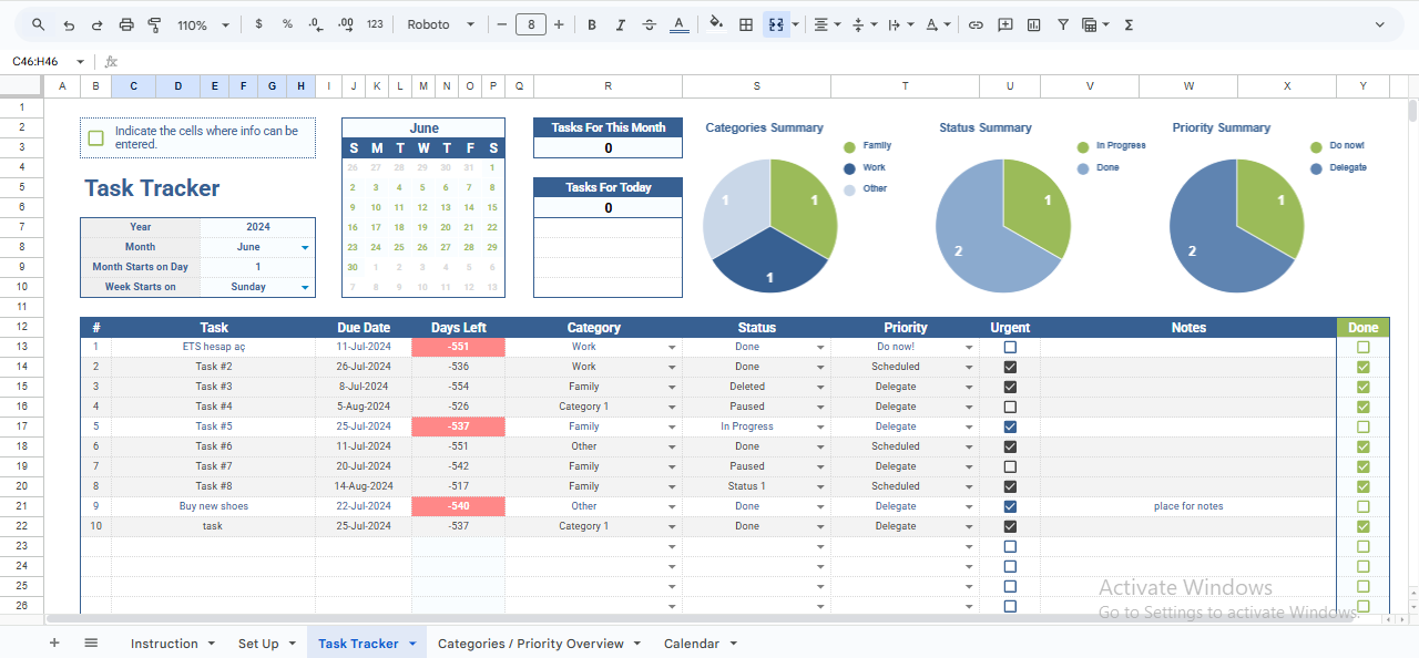 Google Sheets task tracker showing task list with due dates, days left, categories, status, priority levels, and progress tracking.