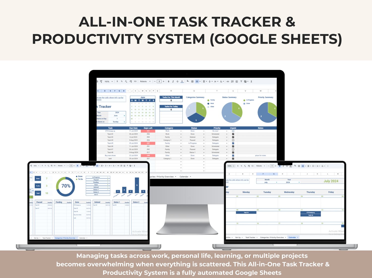 All-in-one Google Sheets task tracker dashboard showing task list, priority levels, status tracking, progress charts, and monthly calendar view.
