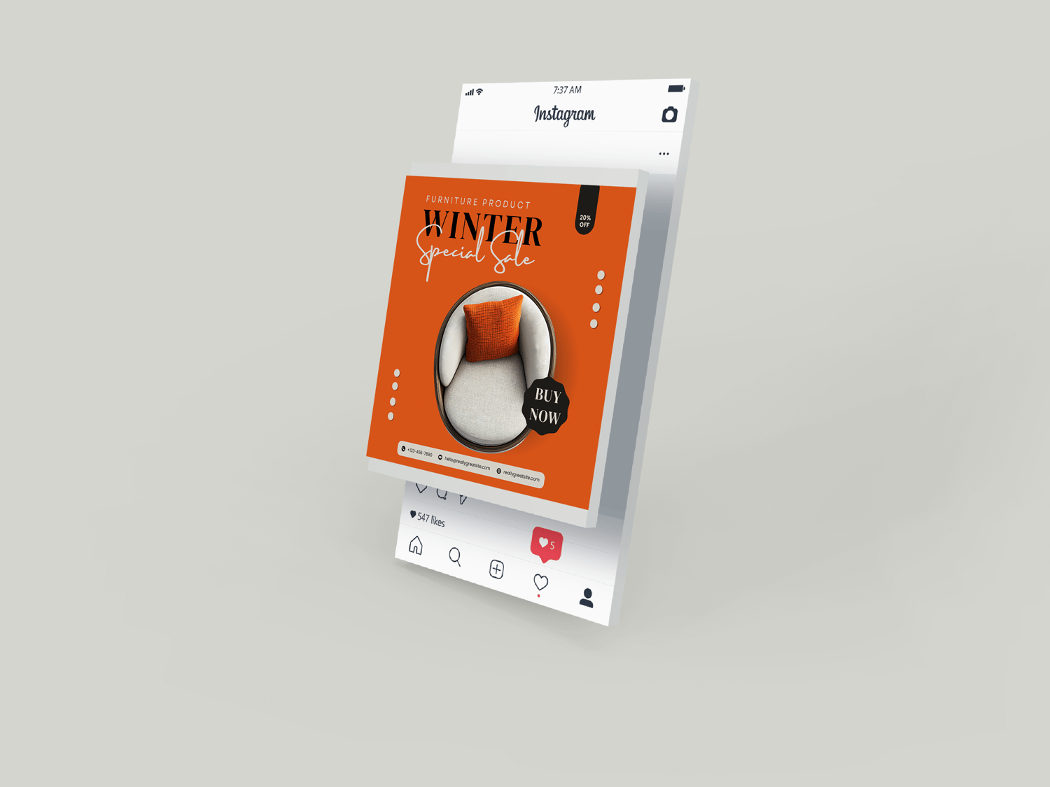 Modern furniture sale Instagram post template for home decor promotion, editable PPTX and Canva-ready.