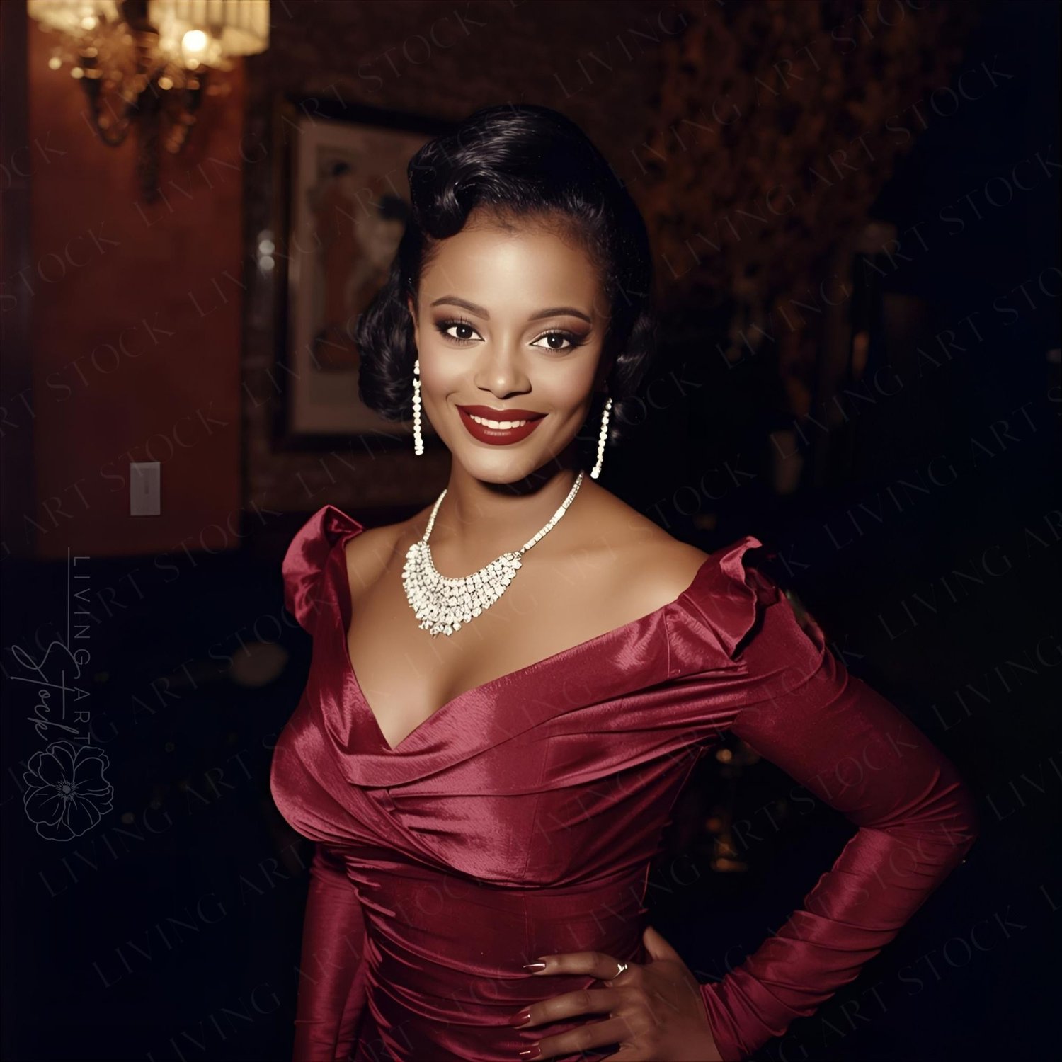A stunning portrait of a sophisticated woman posing in a high-glamour setting. She is wearing a deep maroon or burgundy silk dress with a pleated off-the-shoulder neckline and long sleeves. Her look is elevated by a sparkling diamond statement necklace an