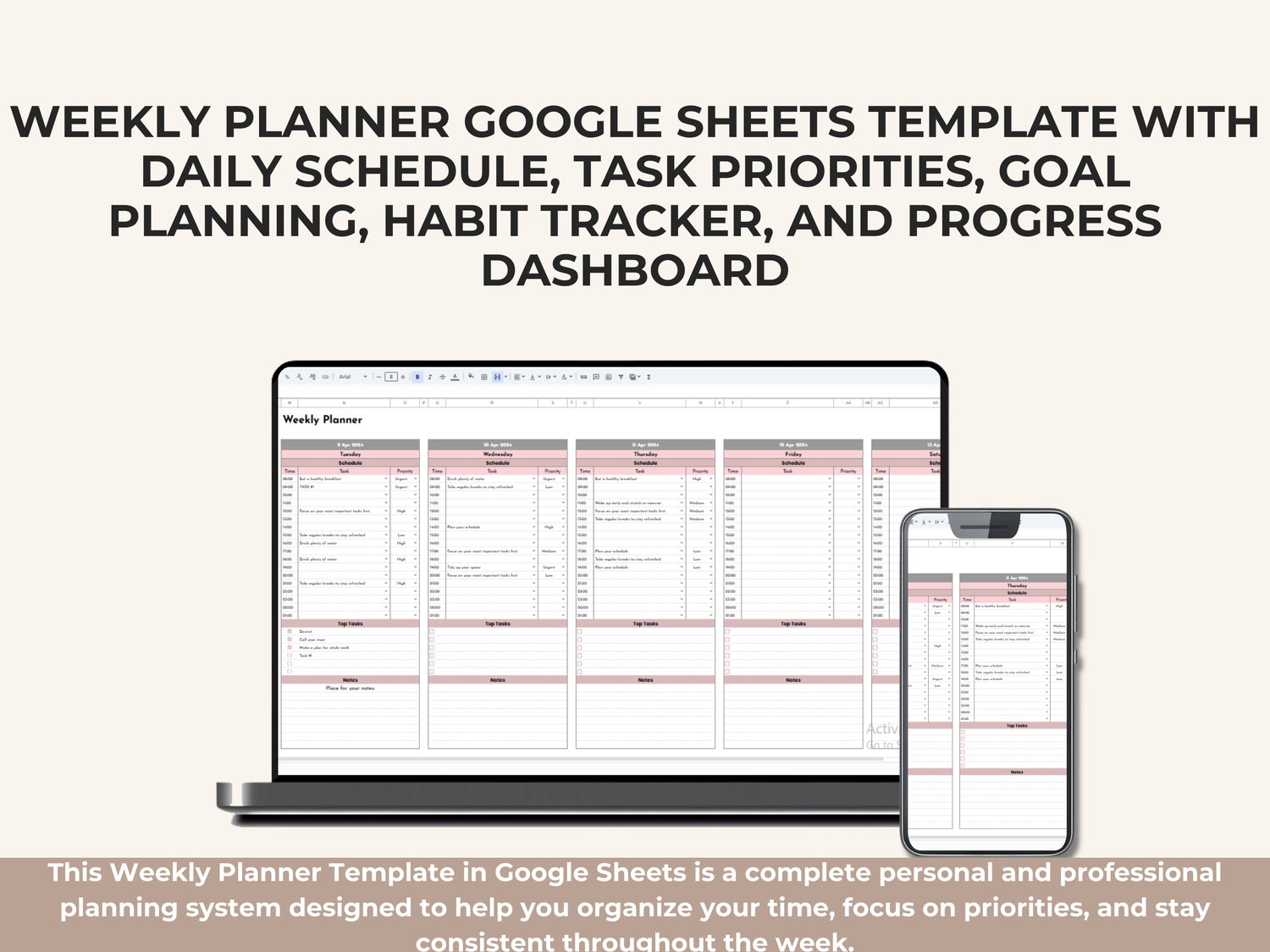 Weekly planner template in Google Sheets showing daily schedules, hourly time blocks, task priorities, goal planning, habit tracking, notes sections, and weekly progress overview.