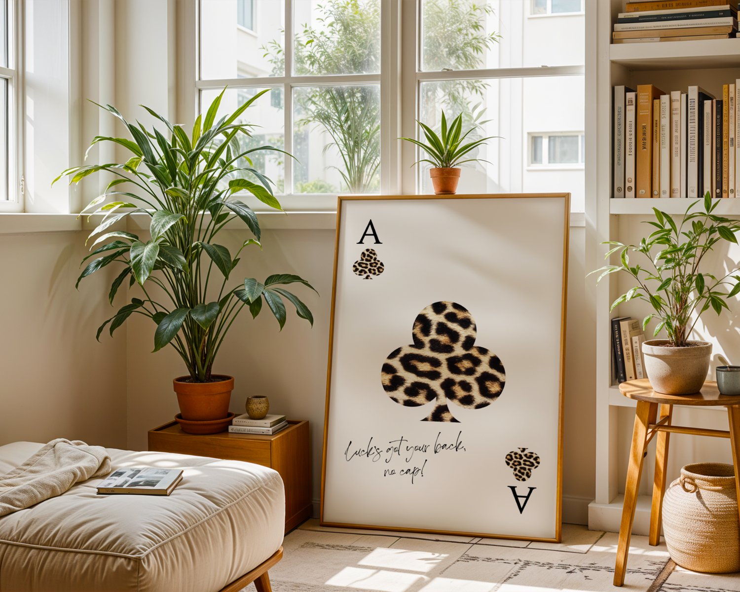 Leopard print playing card wall art poster with quote typography, framed minimalist artwork styled in a modern interior.