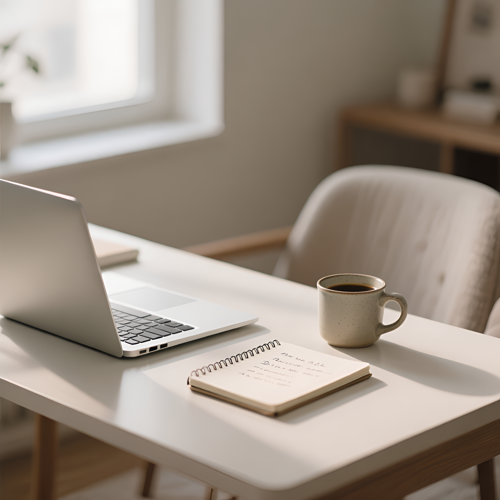 a light coloured desk with a laptop, notebook and coffee mug on it. there is also a light coloured chair sat in front of the desk.