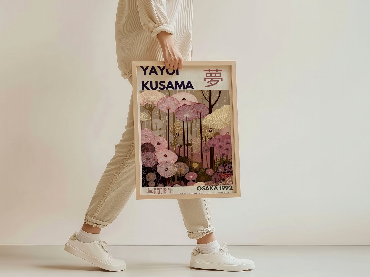 Kusama-inspired abstract wall art poster with floral patterns and Japanese typography, framed in a modern pink-toned interior.