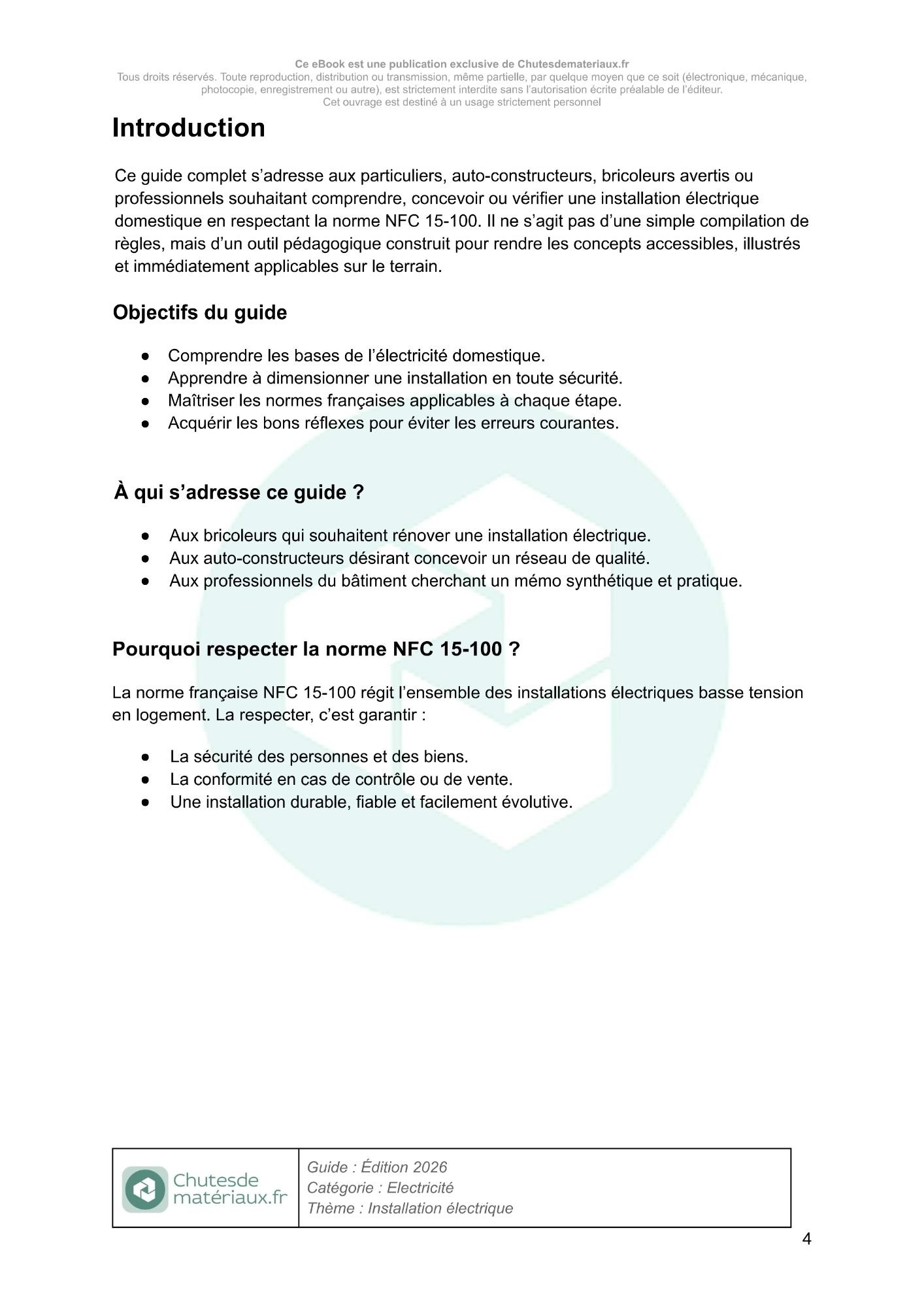 Introduction du guide sur l’électricité domestique conforme à la norme NFC 15-100 présentant les objectifs pédagogiques et le public concerné.