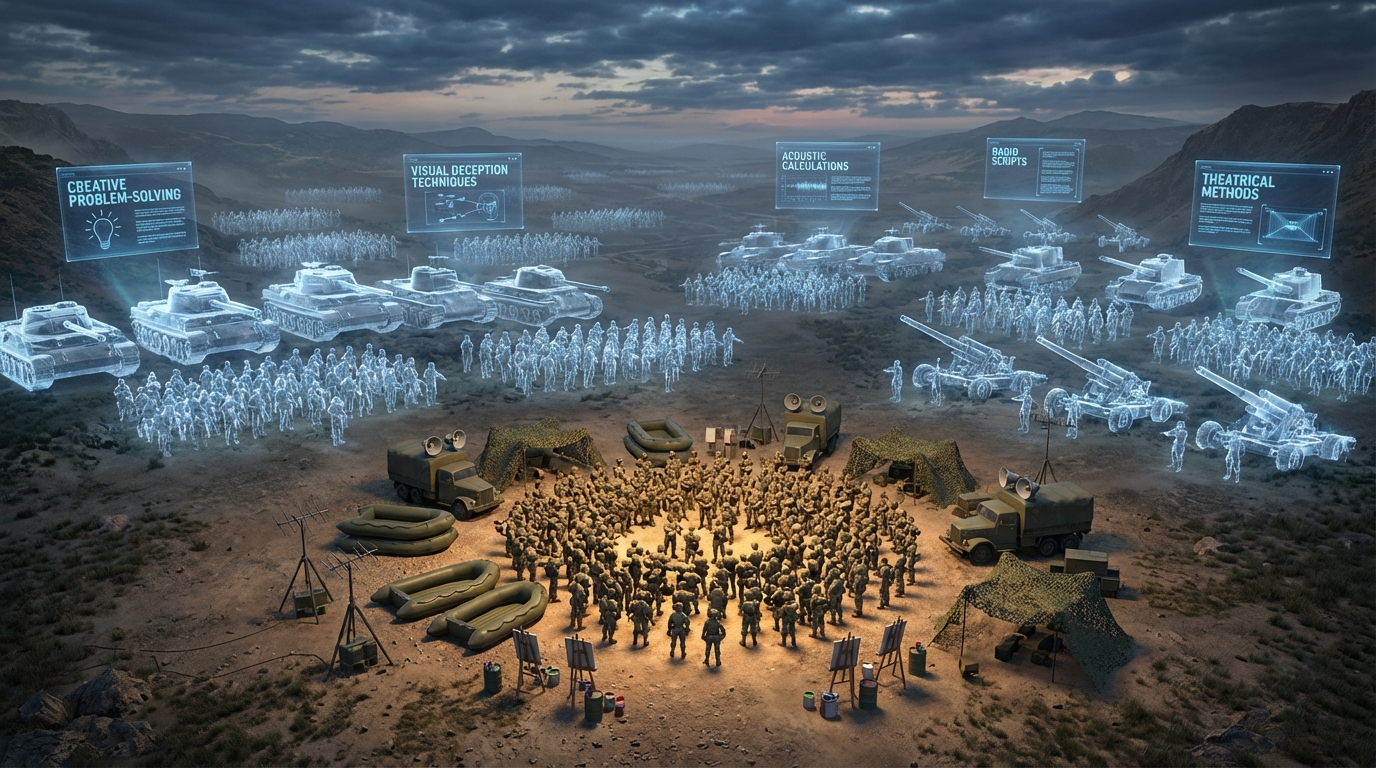 WWII tactical deception by the Ghost Army. This visual shows how inflatable tanks and sound effects were used to create a phantom army and deceive the enemy.