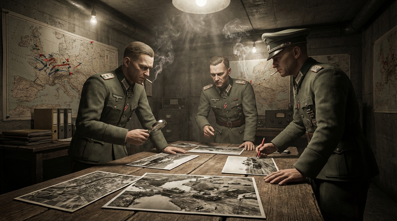 WWII war room scene showing German commanders planning strategy based on false Allied intelligence created by tactical deception units.