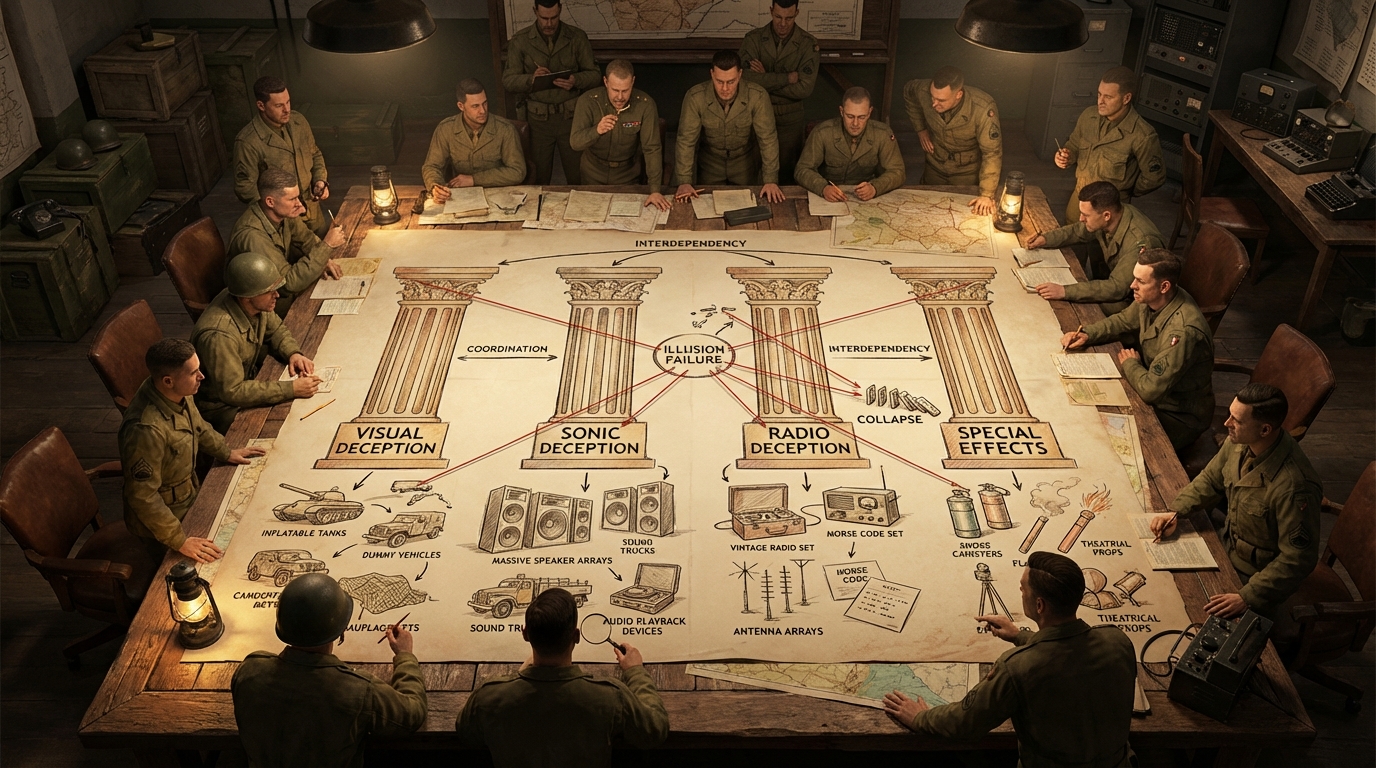 Ghost Army strategy session showing the master plan for WWII tactical deception, including diagrams for visual, sonic, and radio tactics.