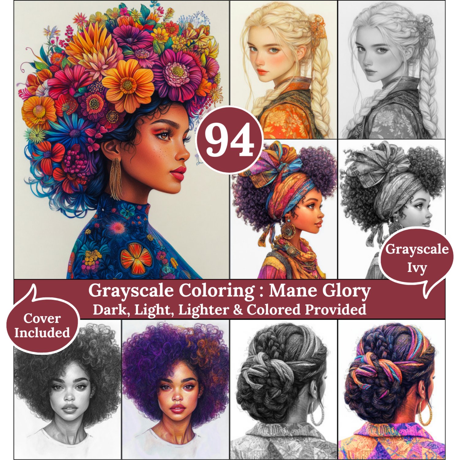 Mane Glory, 90 Coloring Pages, Grayscale Drawings, Dark Light Lighter and Colored Versions,  Digital Art Sheets, Hair Celebration