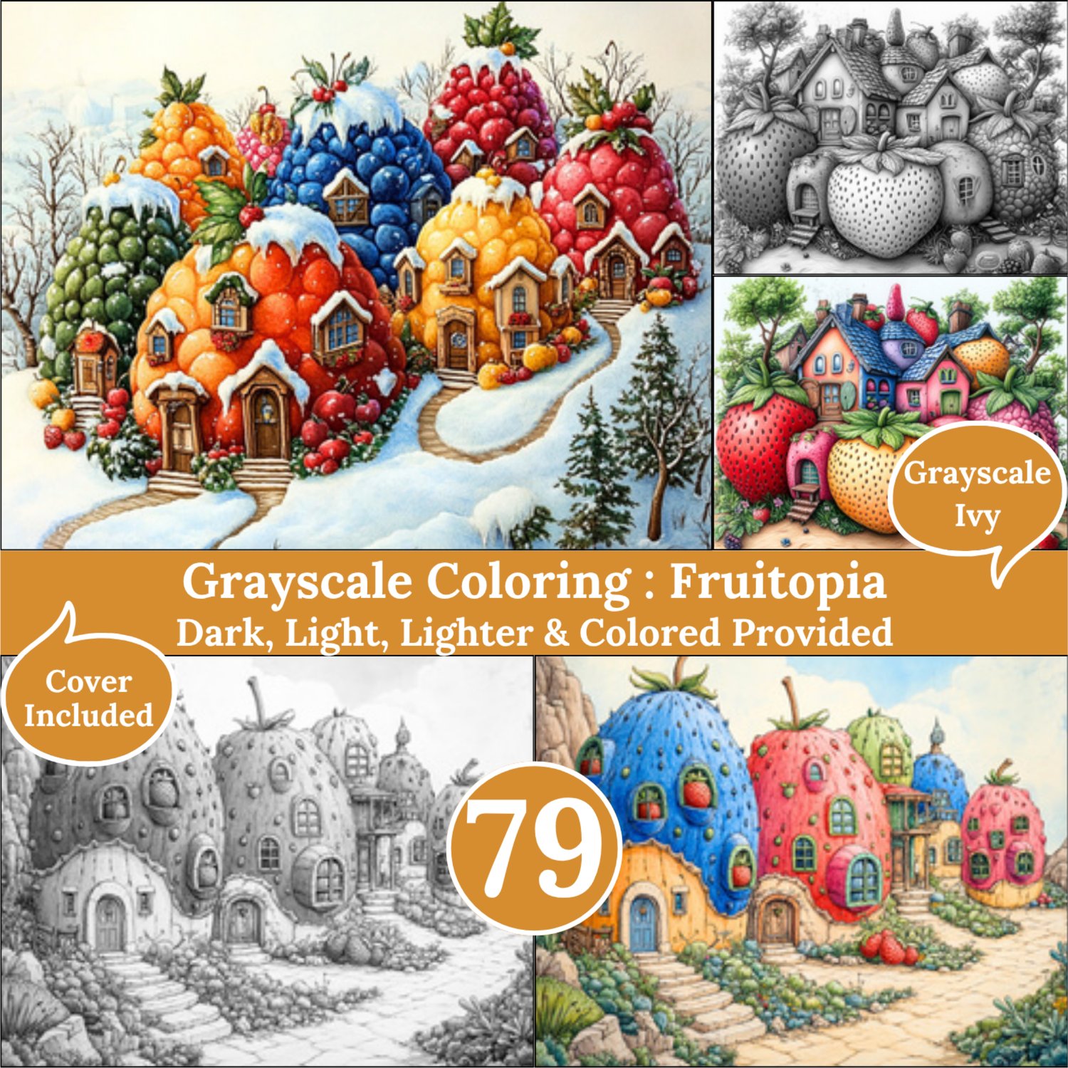 Fruitopia, 79 Coloring Pages, Grayscale Drawings, Dark Light Lighter and Colored Versions,  Digital Art Sheets, Fantasy Fruit Village