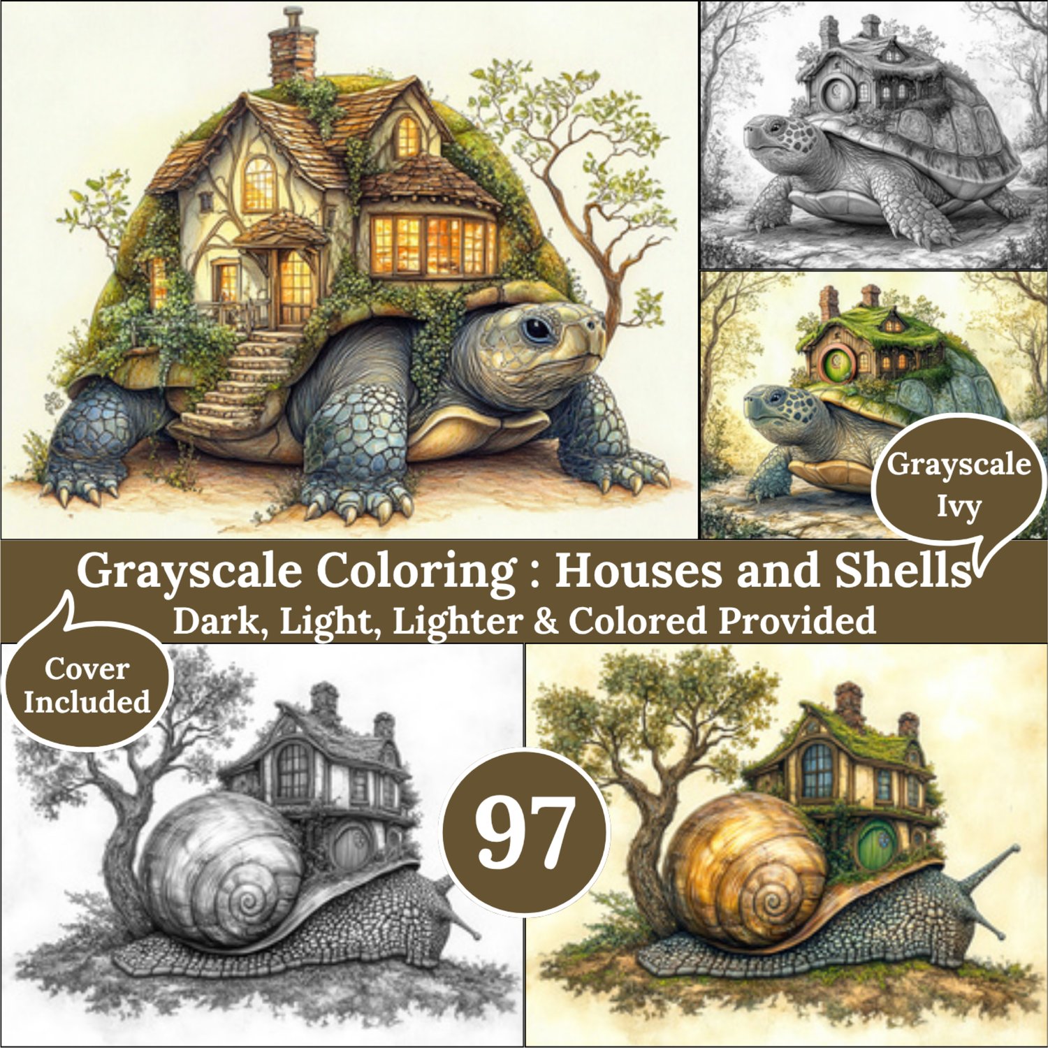 House and Shells, 97 Coloring Pages, Grayscale Drawings, Dark Light Lighter and Colored Versions,  Digital Art Sheets, Fantasy Turtles Homes