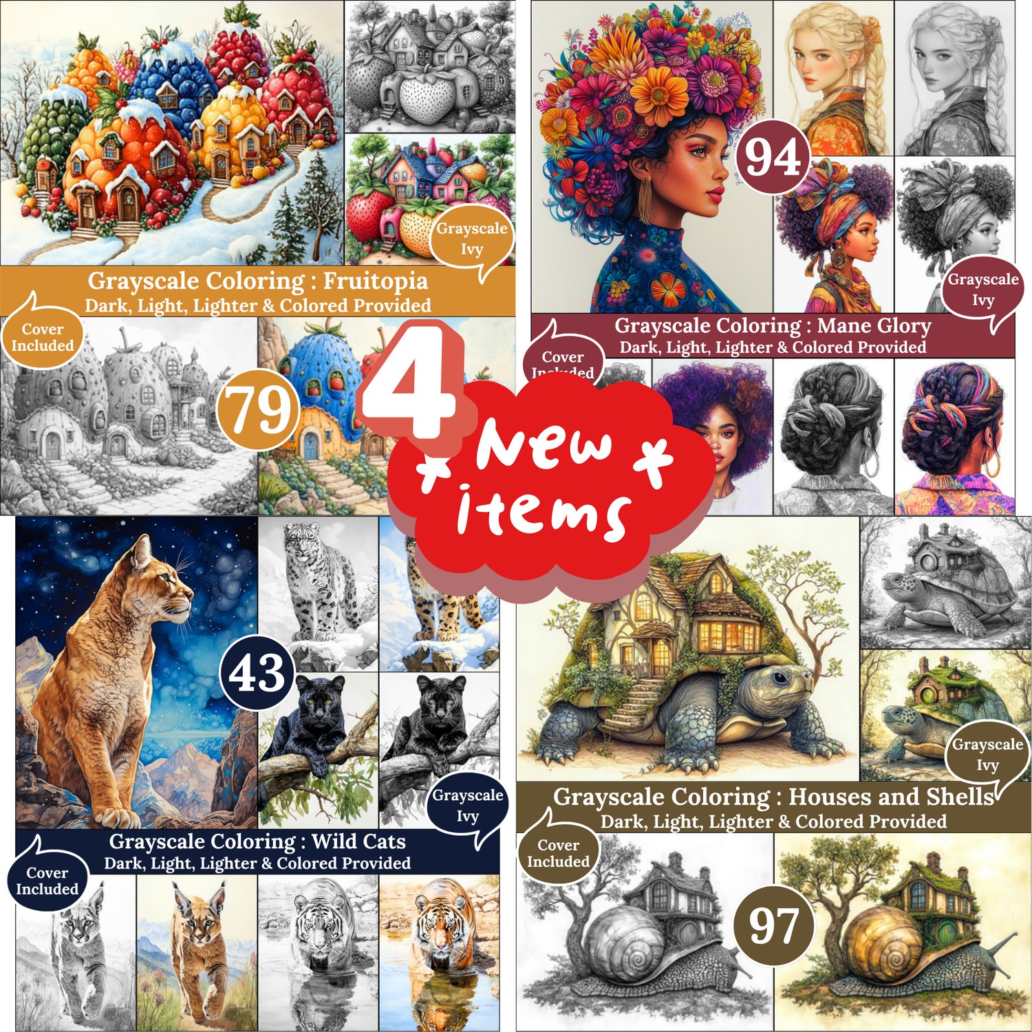 Grayscale Ivy New Arrivals — January 31, 2025 4 New Grayscale Coloring Books for Adults – Printable Digital PDFs