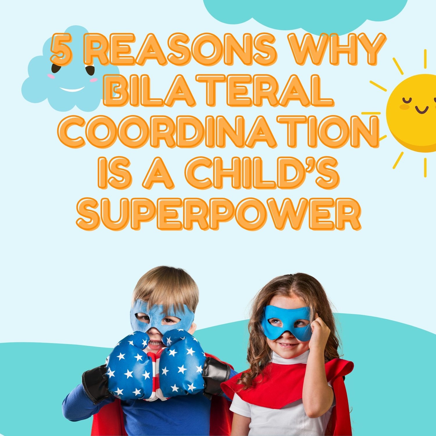 Two kids in superhero costumes representing the superpower of physical and cognitive development.