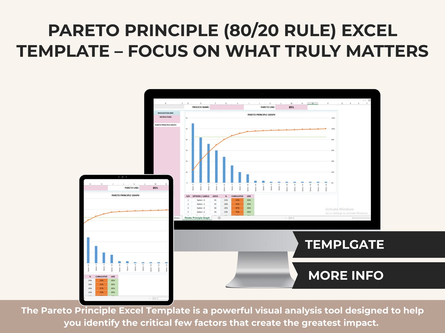 Pareto Principle Excel Template showing an 80/20 Pareto chart with bar graph, cumulative percentage line, and adjustable Pareto threshold for data analysis