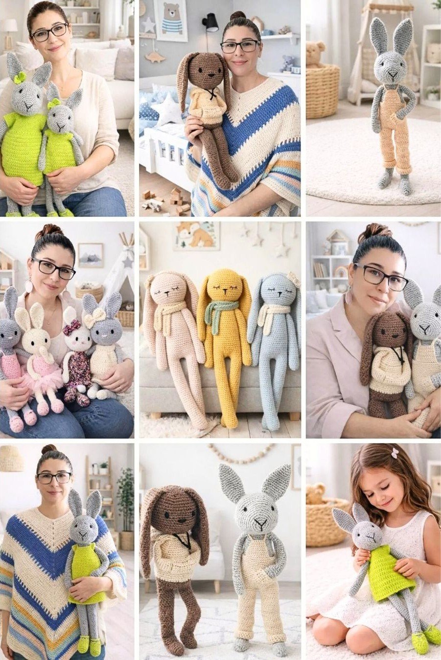 Amigurumi crochet pattern bundle featuring six handmade crochet toys, modern amigurumi designs available as a downloadable PDF pattern set