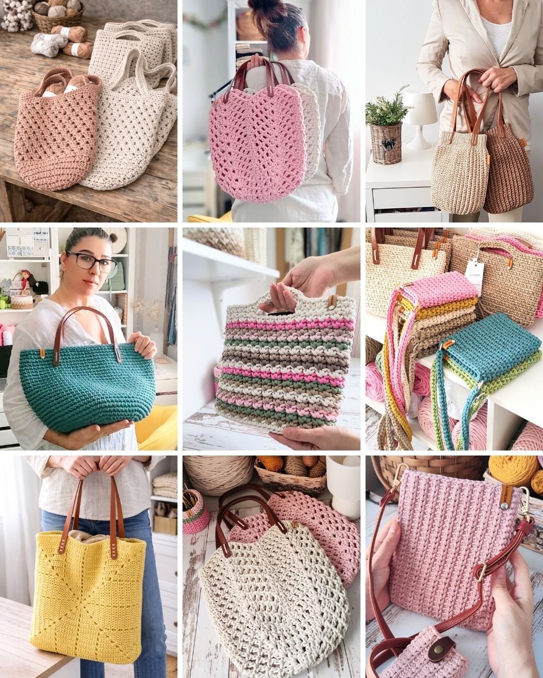 Handmade crochet crossbody bags in multiple colors made with cotton rope yarn — modern textured design, leather strap, beginner-friendly crochet pattern.