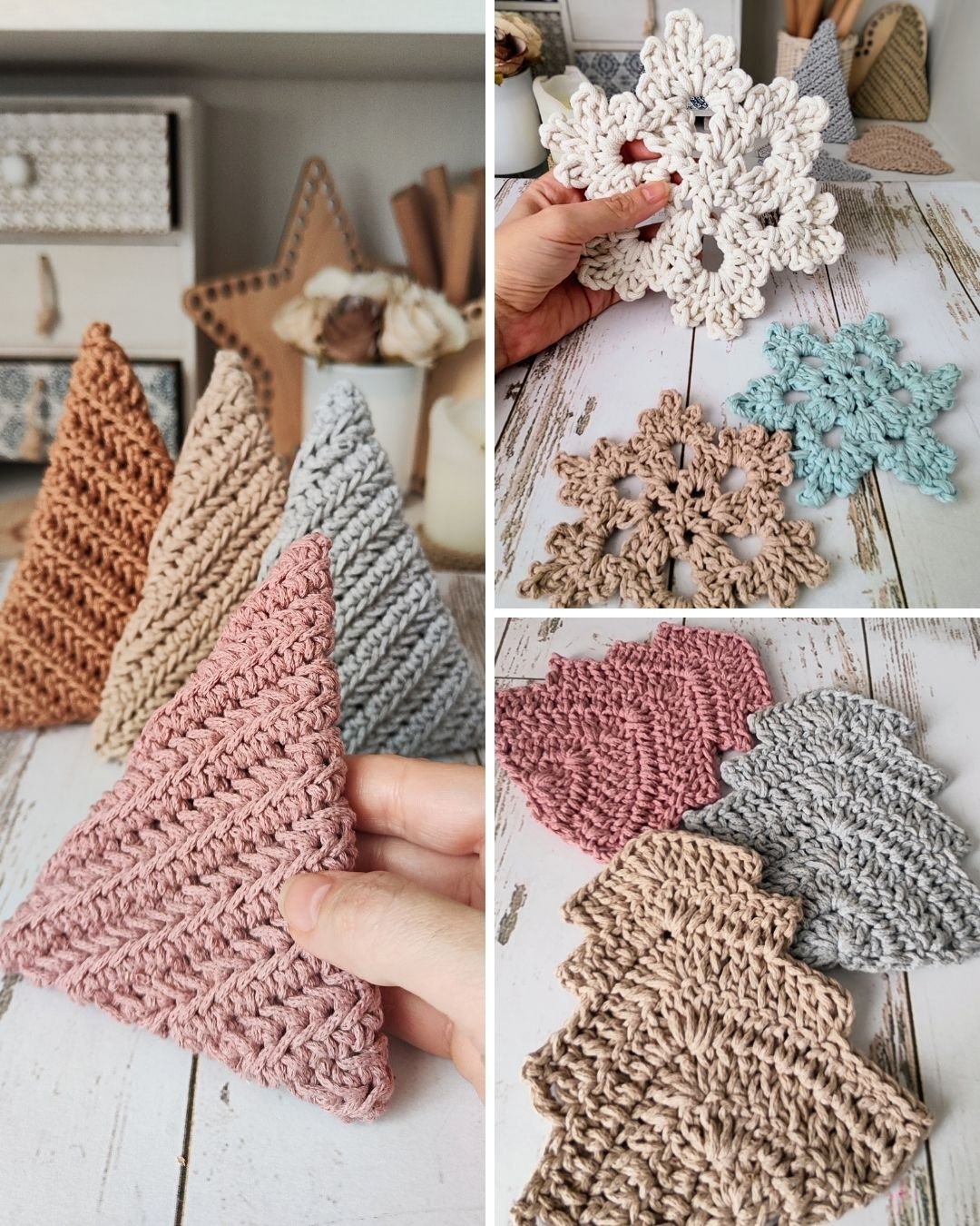 Handmade crochet Christmas tree decorations in neutral and pastel colors, textured rope yarn design — modern Nordic crochet pattern for holiday home decor.