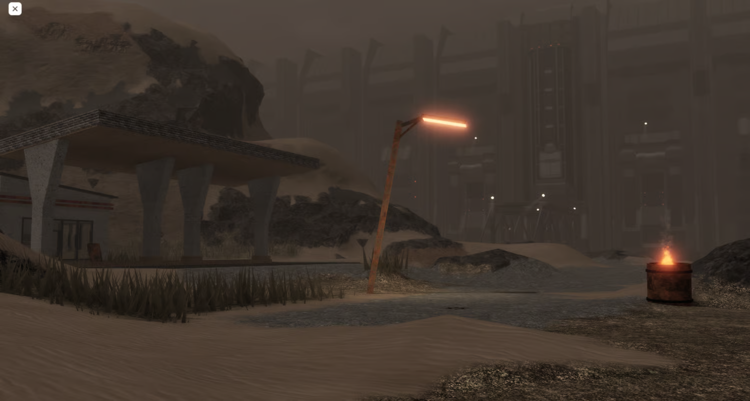Lighting effects illuminating desert landscape in Roblox