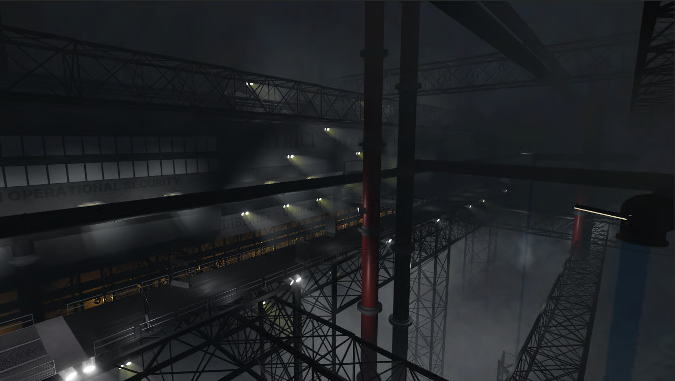 Industrial lighting illuminating walkways in Arctic base