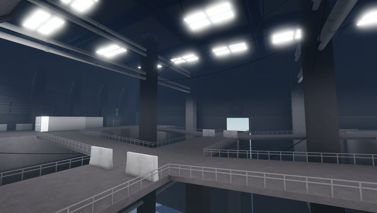 Overhead piping and corridor props for immersive build