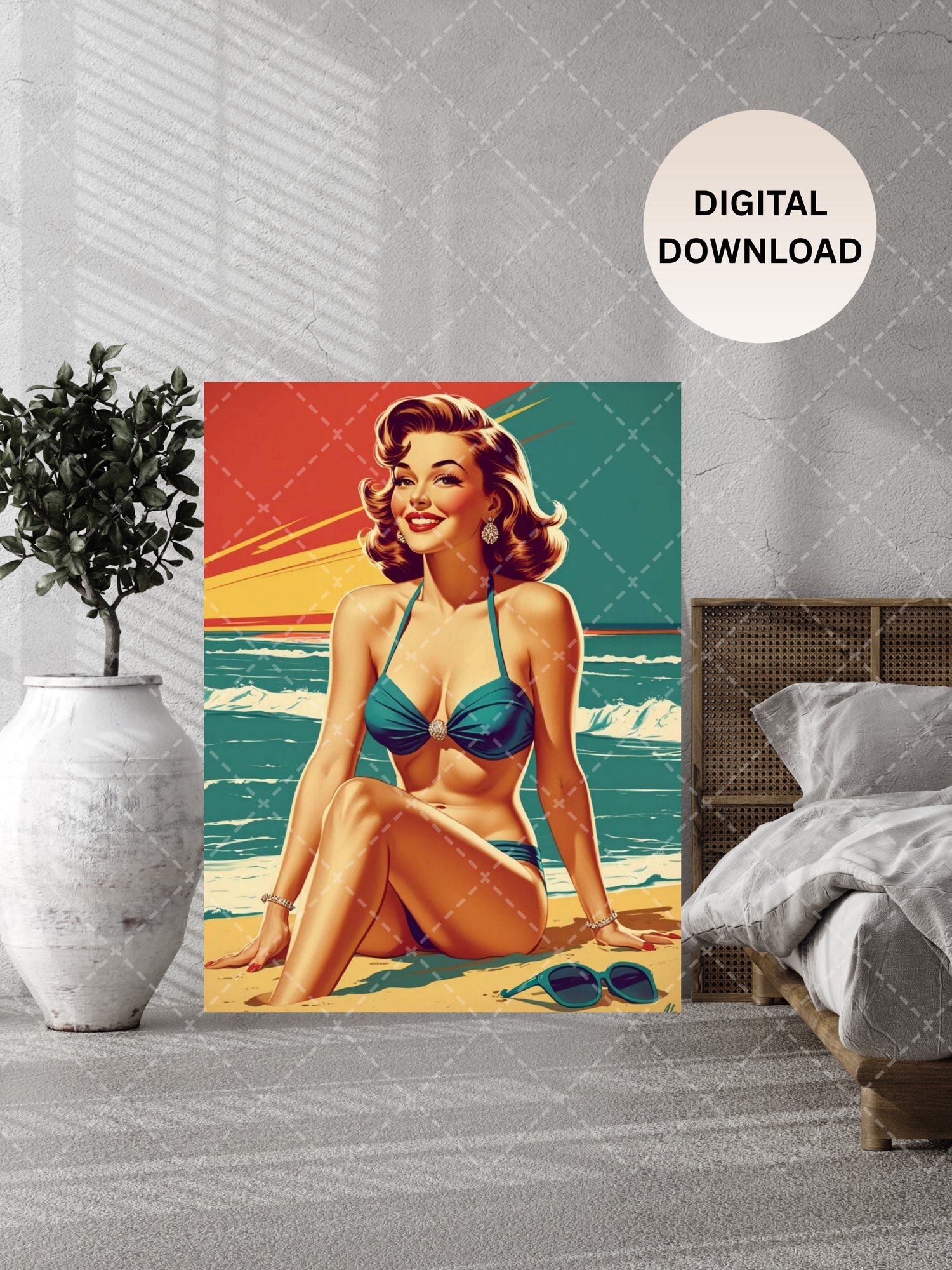 vintage pin up poster,  retro bikini wall art,  pinup beach illustration,  1950s pin up decor,  mid century wall art,  retro woman poster,  beach pinup artwork,  classic pin up art,  man cave wall decor,  vintage glamour poster