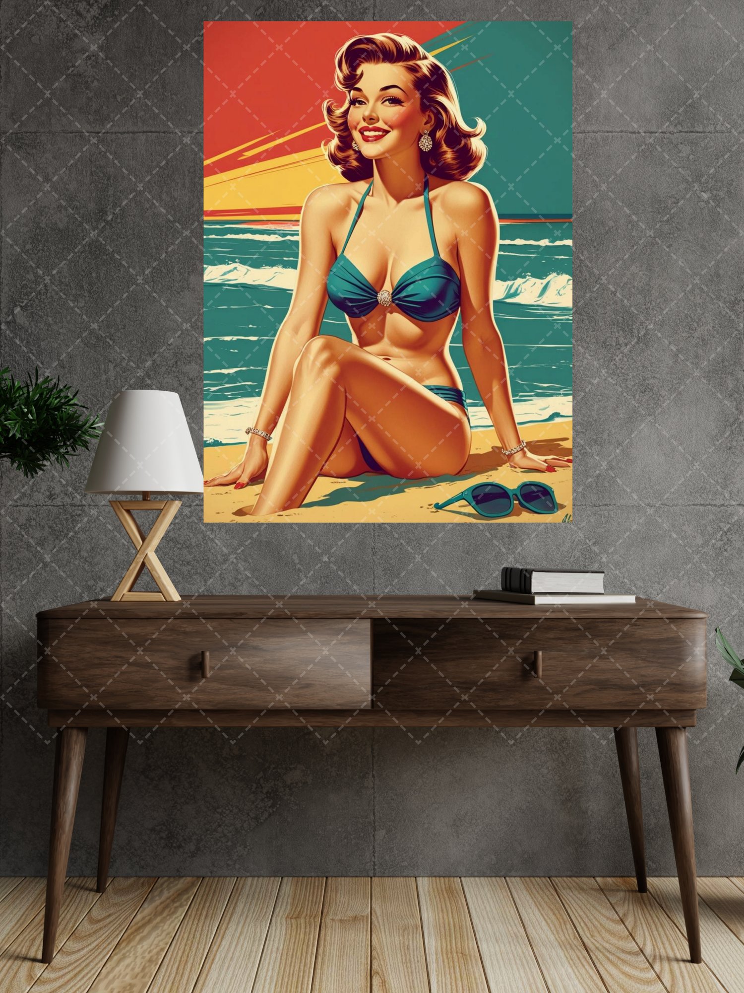vintage pin up poster,  retro bikini wall art,  pinup beach illustration,  1950s pin up decor,  mid century wall art,  retro woman poster,  beach pinup artwork,  classic pin up art,  man cave wall decor,  vintage glamour poster