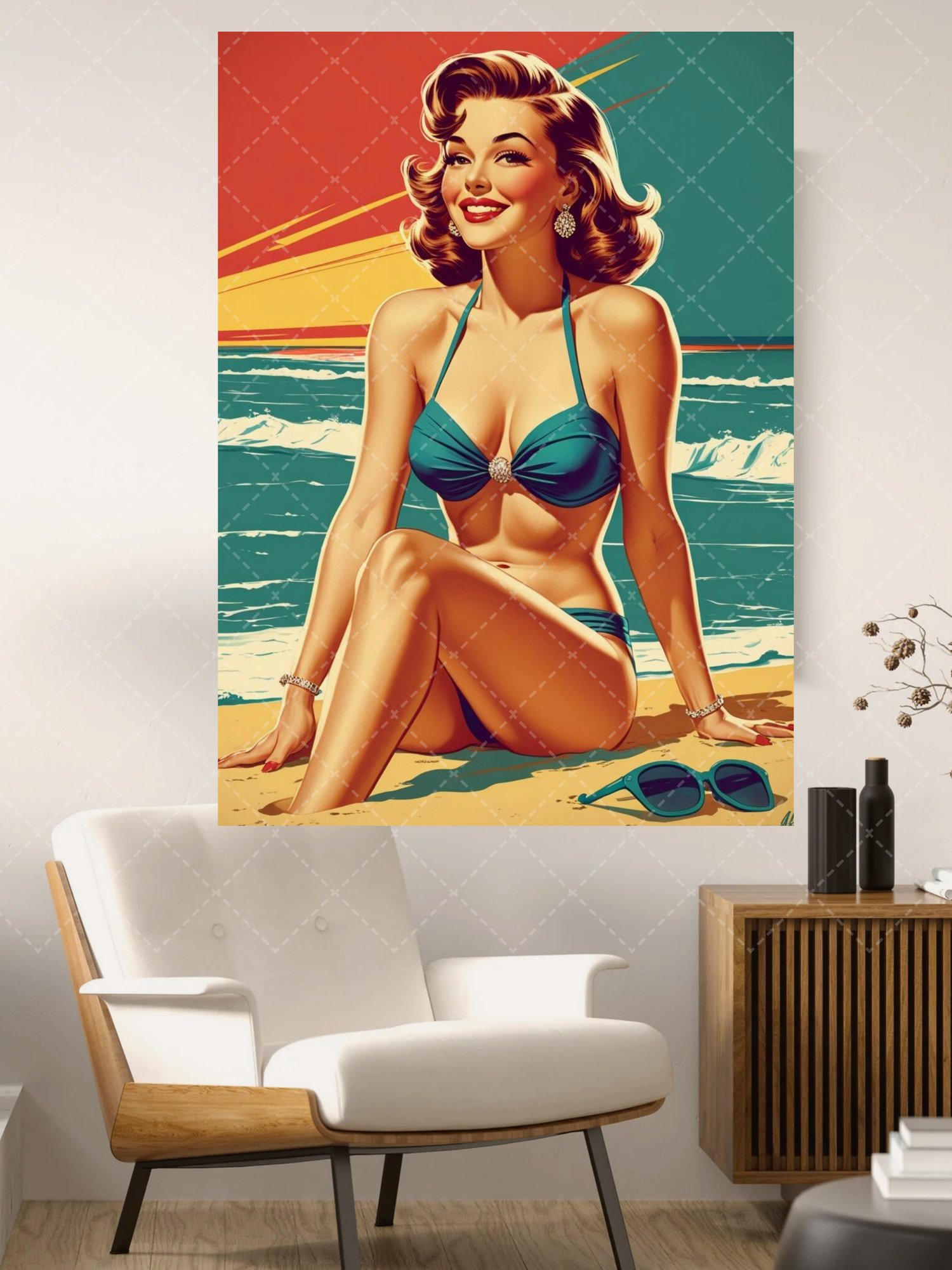 vintage pin up poster,  retro bikini wall art,  pinup beach illustration,  1950s pin up decor,  mid century wall art,  retro woman poster,  beach pinup artwork,  classic pin up art,  man cave wall decor,  vintage glamour poster