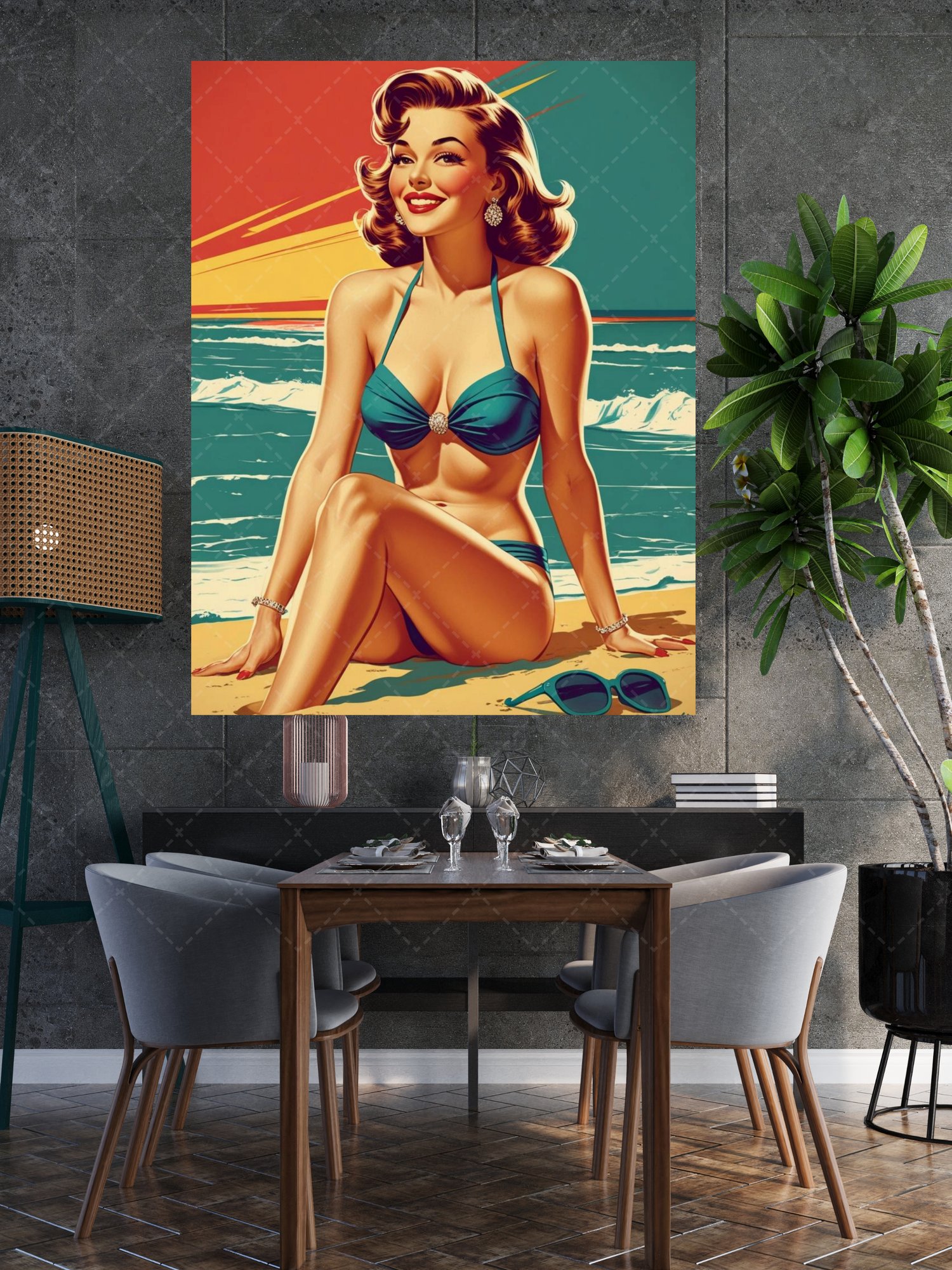 vintage pin up poster,  retro bikini wall art,  pinup beach illustration,  1950s pin up decor,  mid century wall art,  retro woman poster,  beach pinup artwork,  classic pin up art,  man cave wall decor,  vintage glamour poster