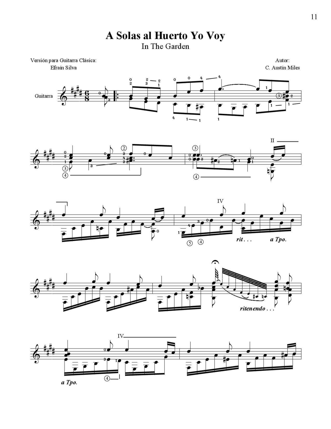 In The Garden, A Solas al Huerto Yo Voy, I Come to the Garden Alone, C. Austin Miles, Agogics, Expressive Guitar, Hymn, Meditation, Funeral Music, Sacred Repertoire.