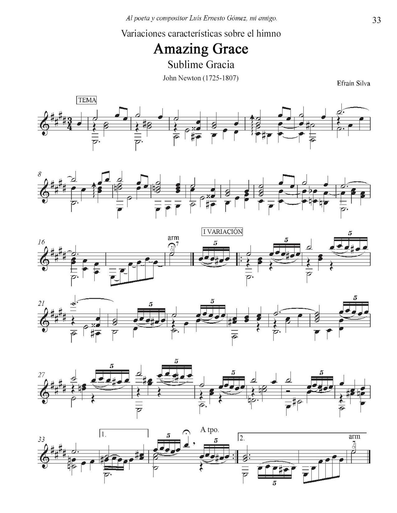 Amazing Grace, Sublime Gracia, Theme and Variations, Tema y Variaciones, Concert Piece, Masterpiece, Virtuoso Guitar, John Newton, Por Siempre Amén Book, Efrain Silva Best Works.