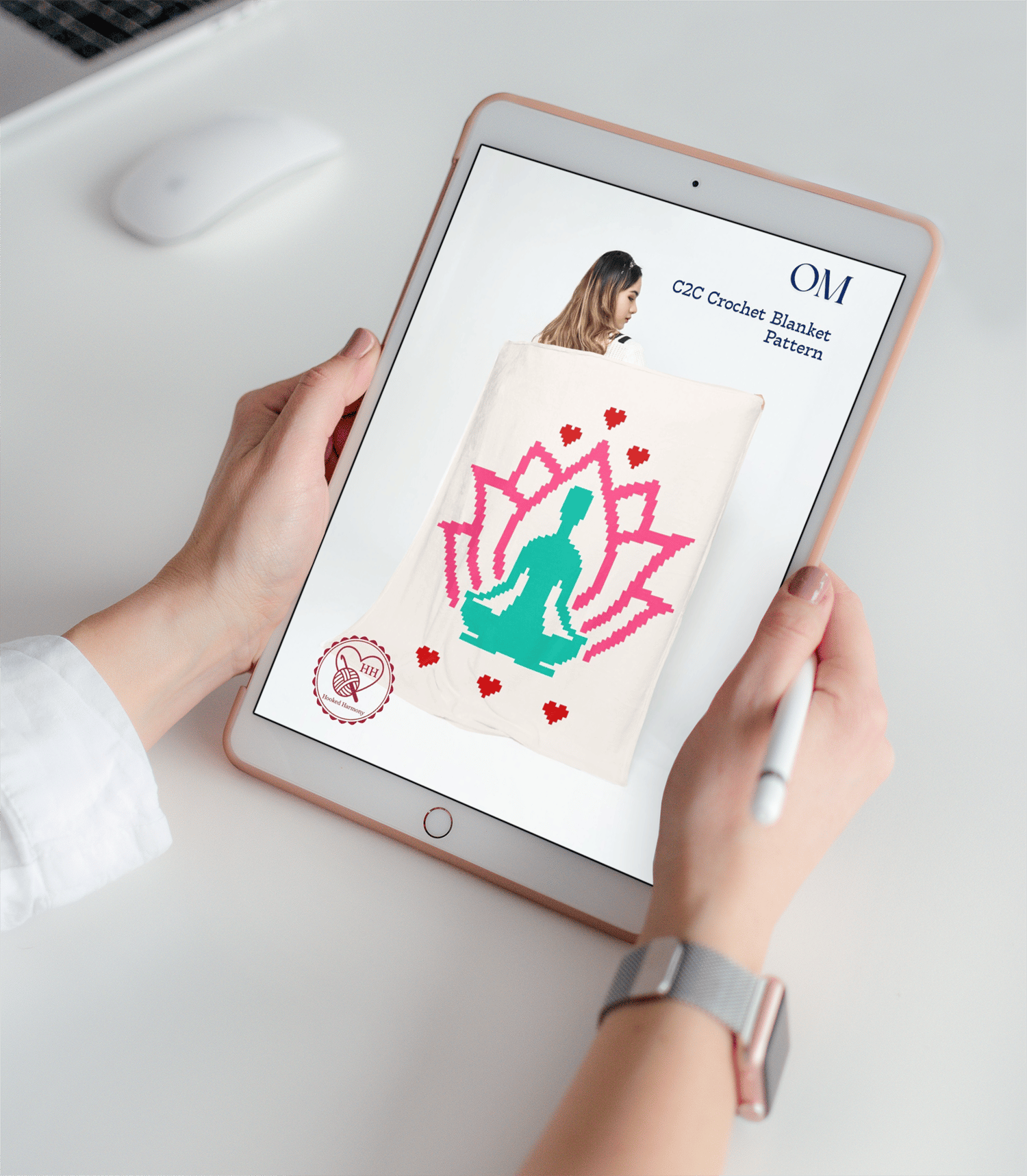 Om lotus C2C crochet blanket pattern displayed on tablet screen