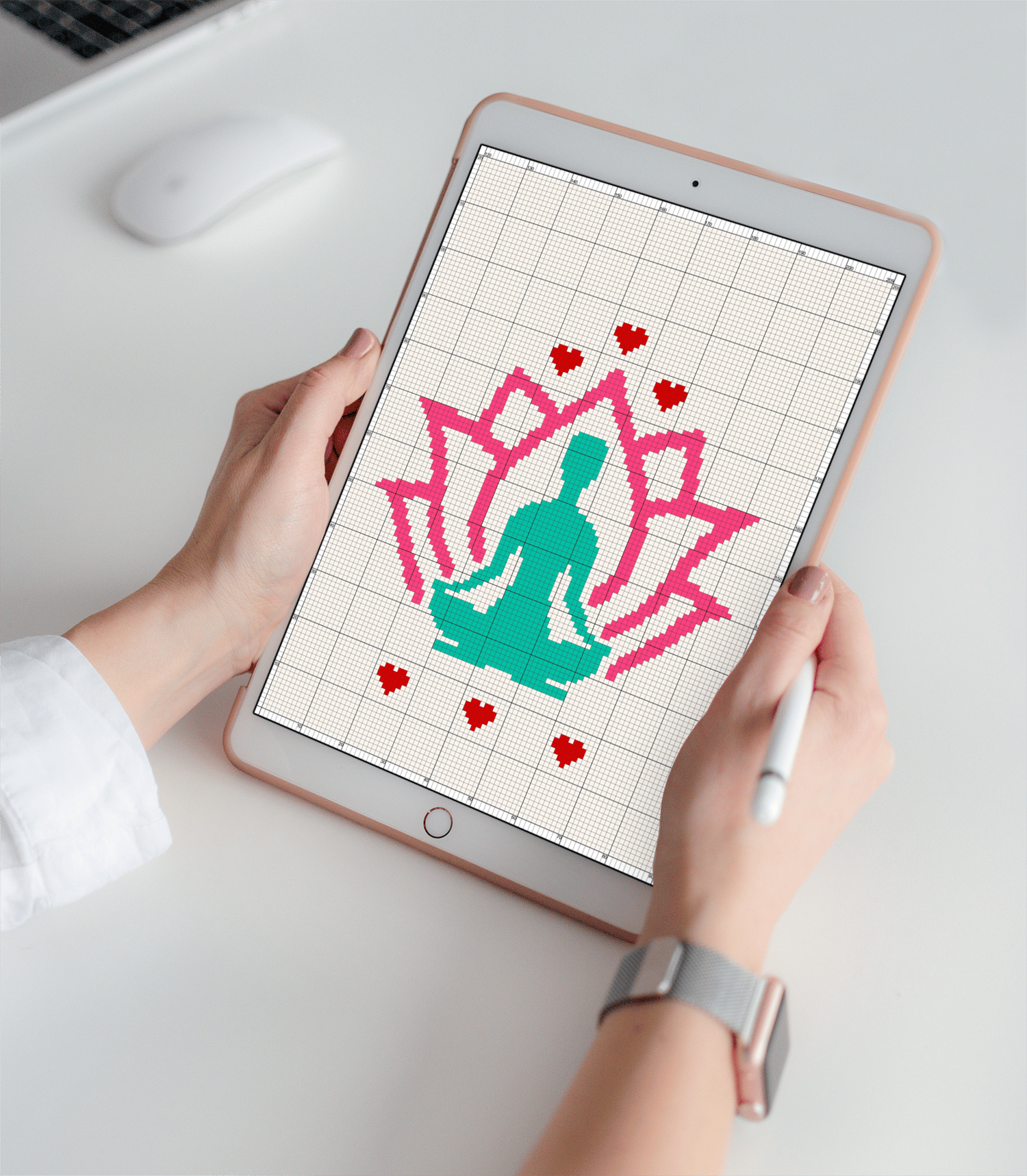 Corner to corner crochet Om lotus graph pattern on tablet
