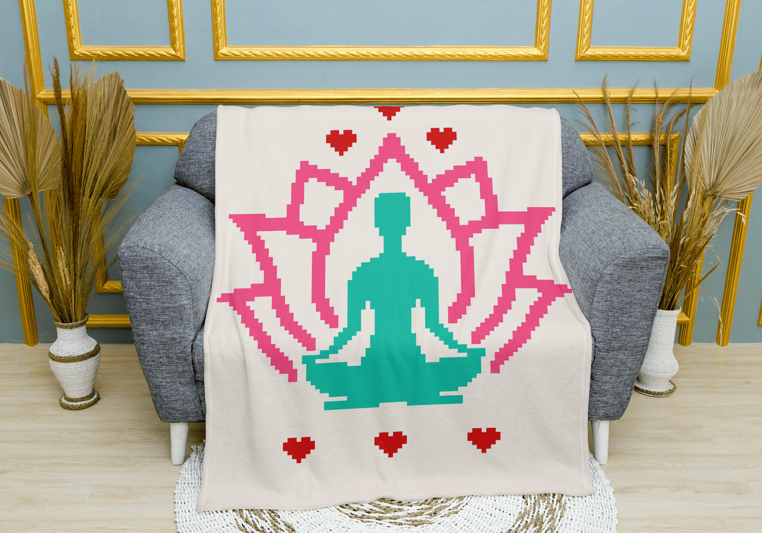 Detailed writteCorner to corner Om lotus crochet blanket styled in living roomn instructions for Om lotus crochet blanket pattern