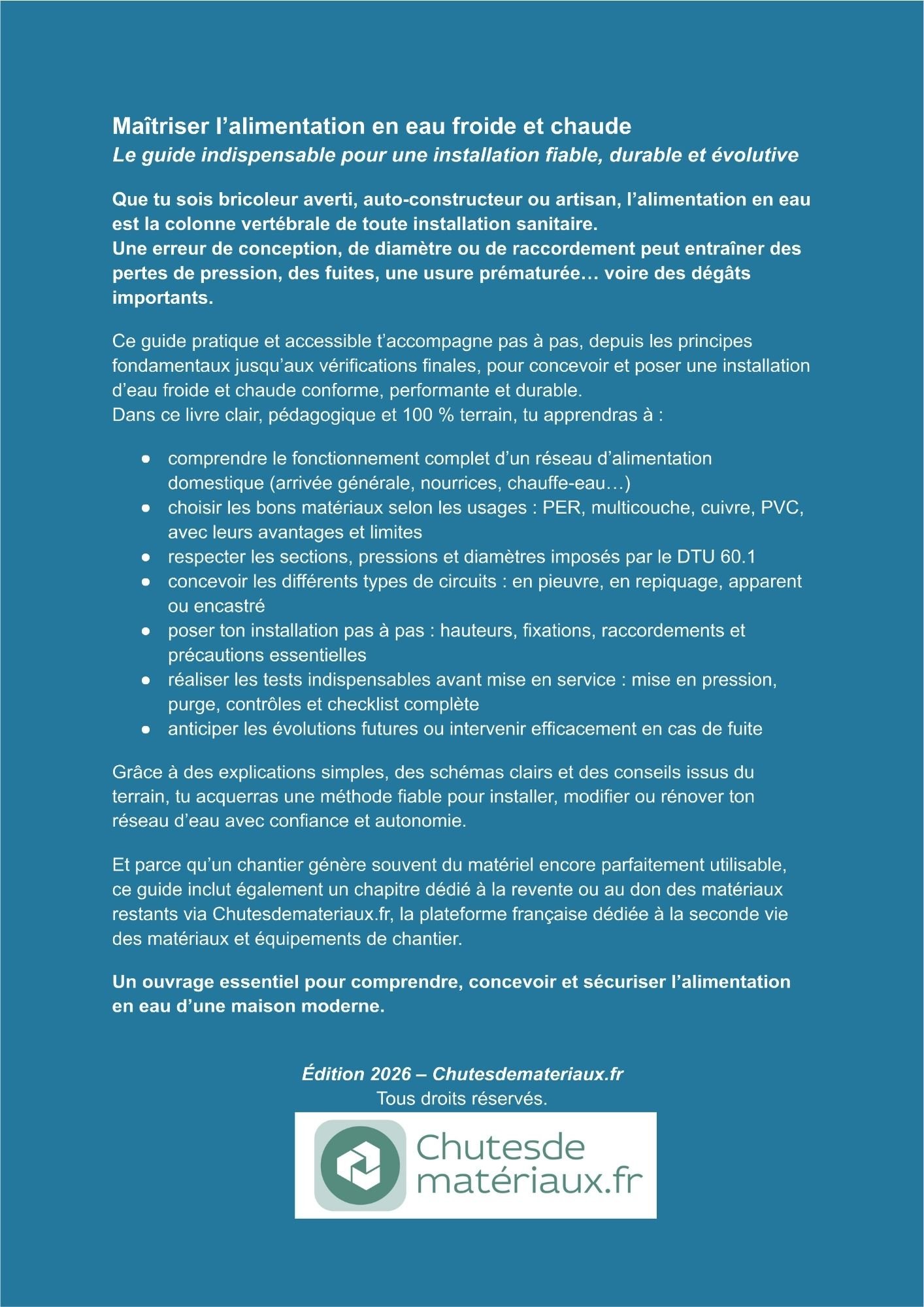 Présentation du guide de plomberie détaillant les principes, les matériaux, le dimensionnement et les bonnes pratiques pour l’alimentation en eau froide et chaude.
