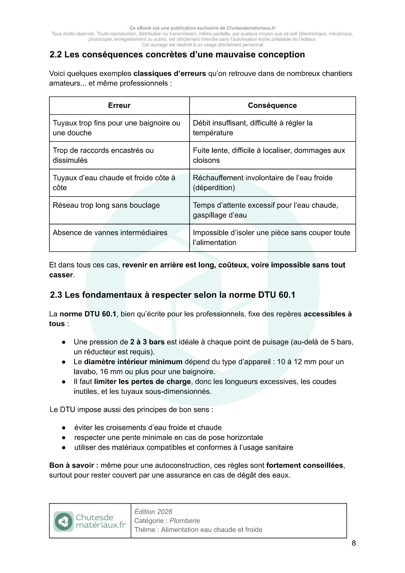 Tableau illustrant les erreurs courantes de conception d’un réseau d’alimentation en eau et leurs conséquences sur le débit, la pression et la durabilité de l’installation.