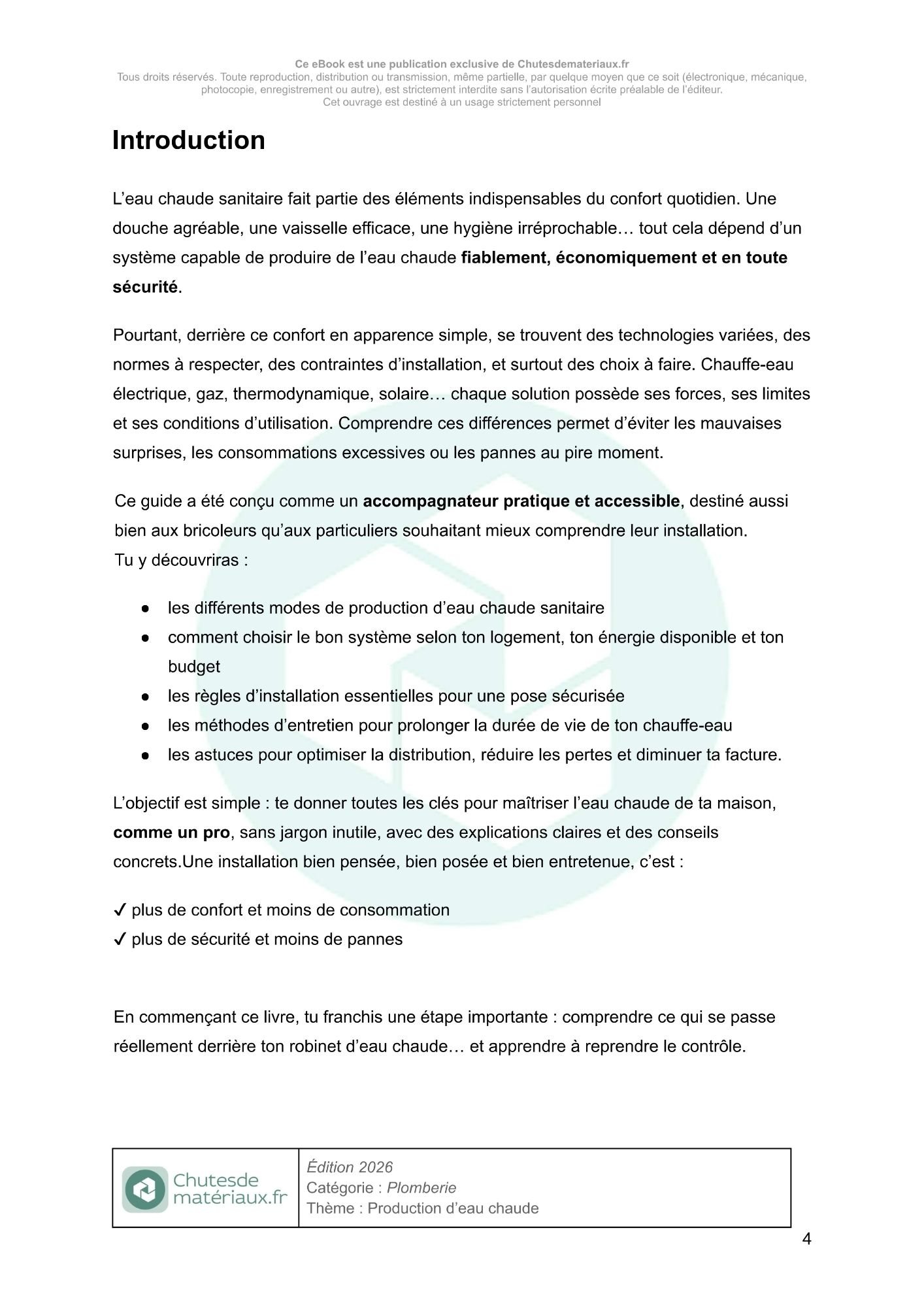 Introduction du guide sur la production d’eau chaude sanitaire présentant les objectifs, les différents systèmes ECS et les principes d’une installation fiable et économique.
