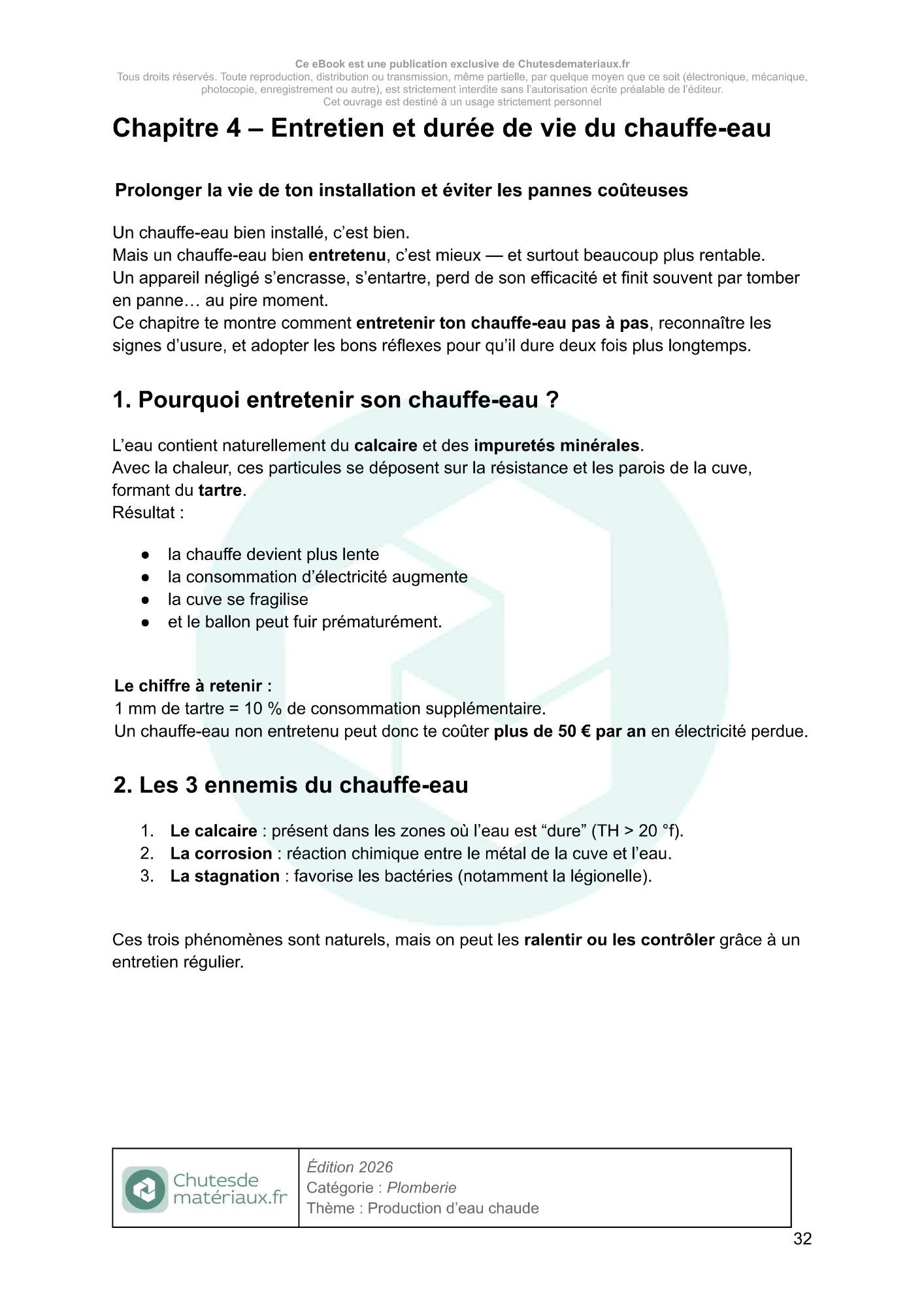 Page du guide expliquant l’entretien du chauffe-eau, les causes d’entartrage et les facteurs influençant la durée de vie d’une installation d’eau chaude sanitaire.