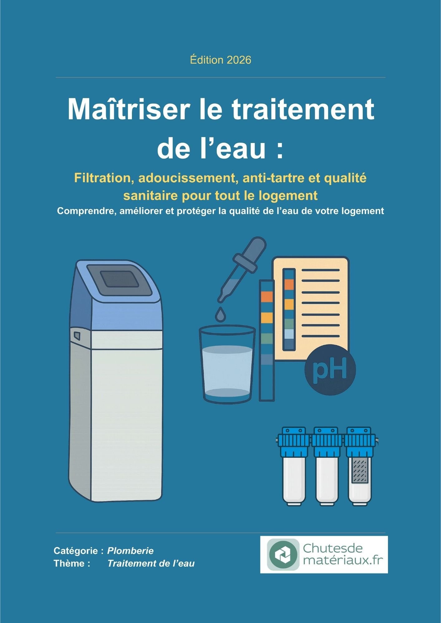 Couverture de l’eBook « Maîtriser le traitement de l’eau » montrant un adoucisseur, des filtres et des outils d’analyse de la qualité de l’eau domestique.