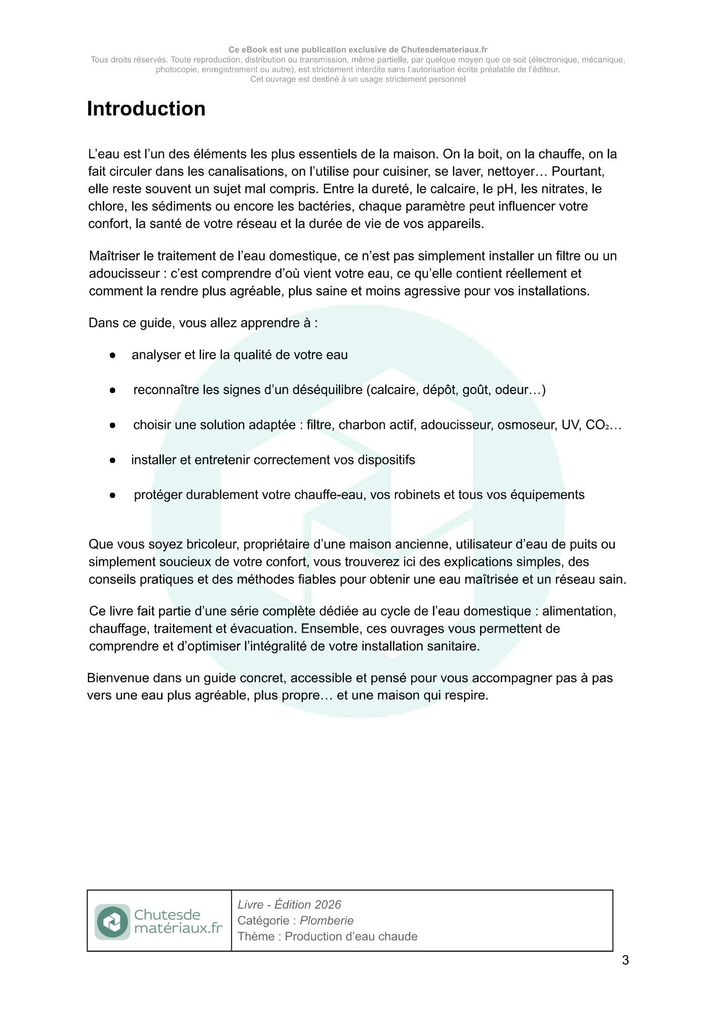 Page d’introduction du guide sur le traitement de l’eau domestique expliquant l’importance de la qualité de l’eau pour la santé et les installations.